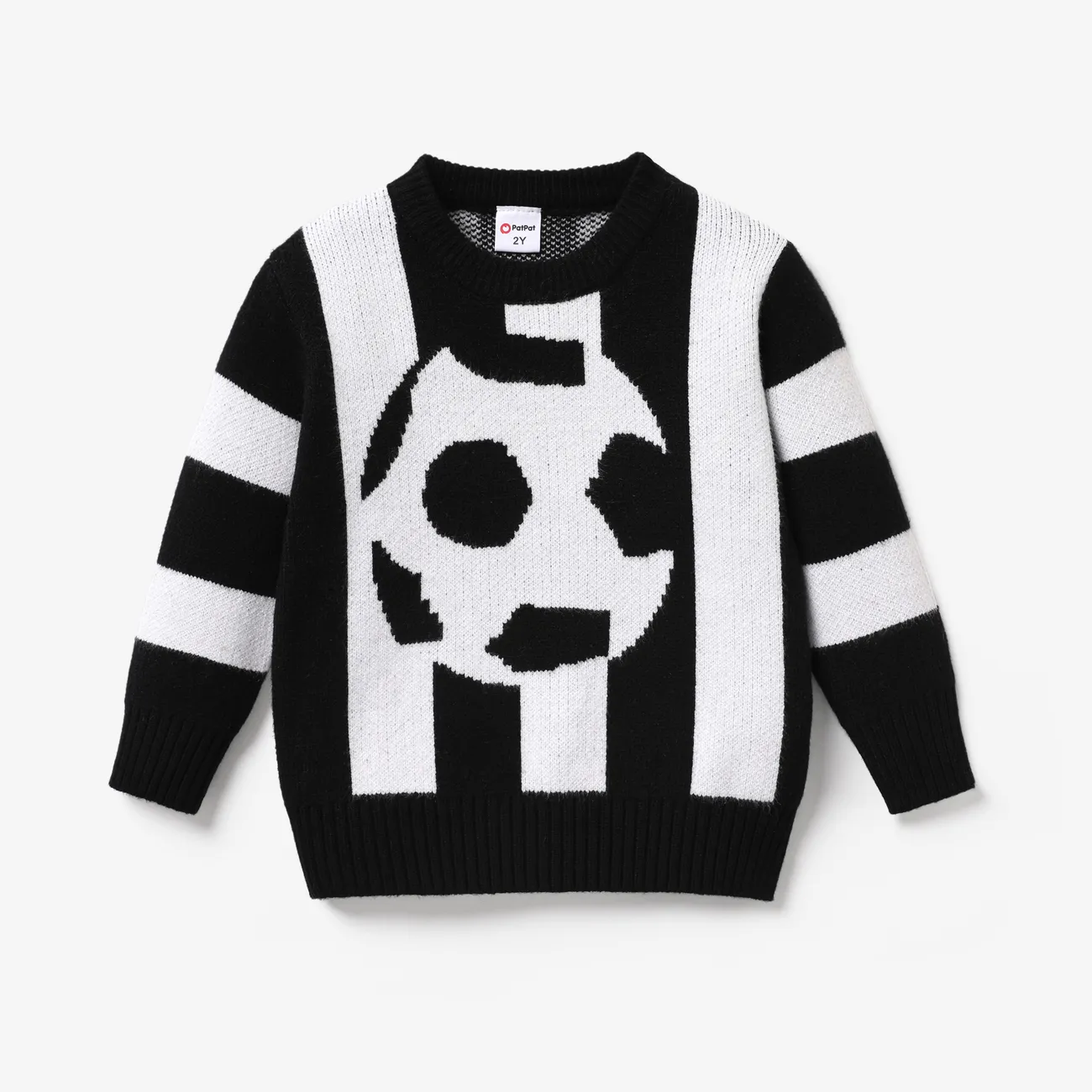 Toddler Boys Football Pattern Sporty Striped Knit Sweater BlackandWhite big image 1