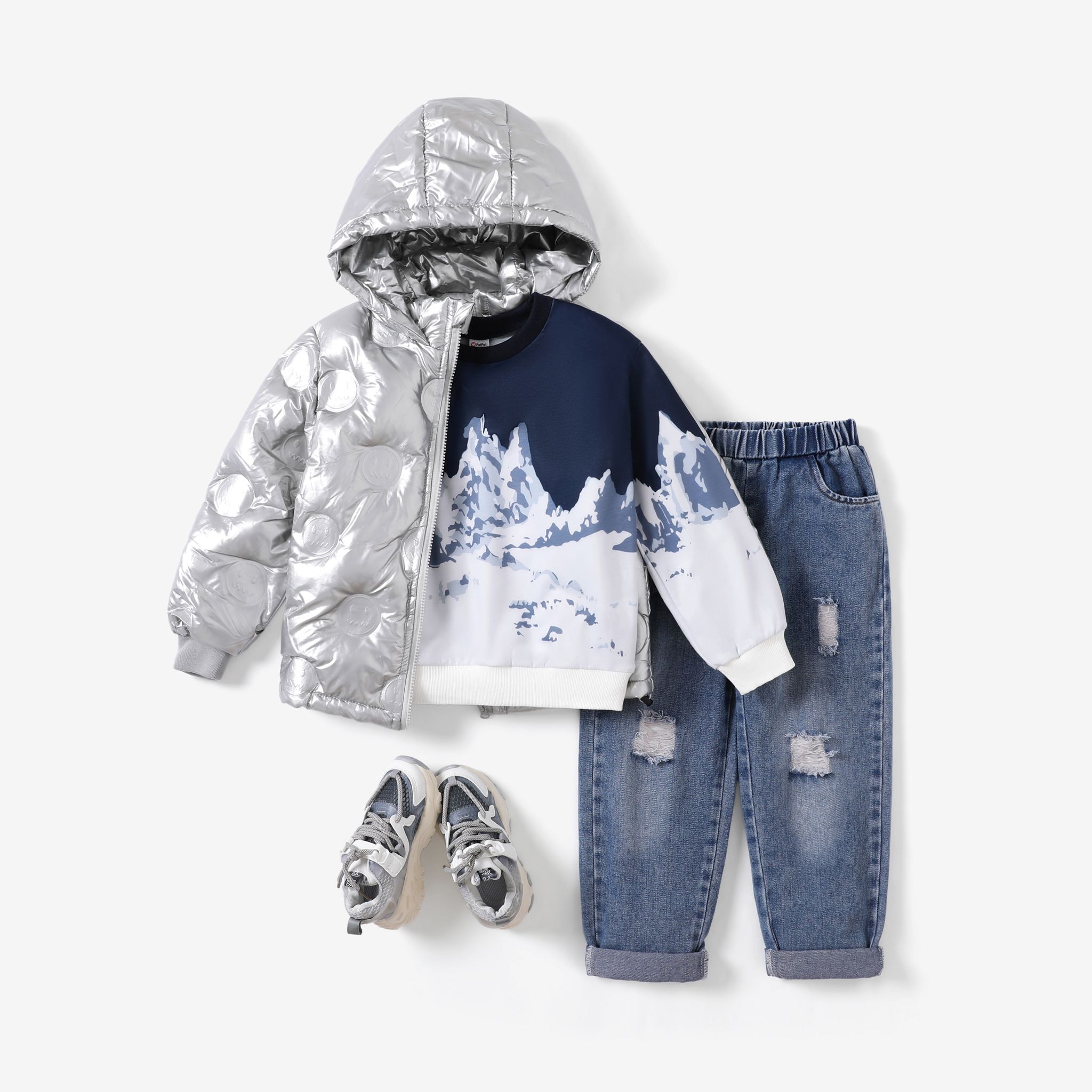 Kid Boy Snow Mountain Pattern Set/Coat/Shoes