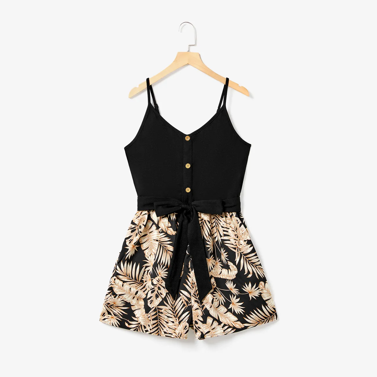 Mommy and Me Camisole Leaf Print Belted One-piece Romper with Pockets Black big image 1