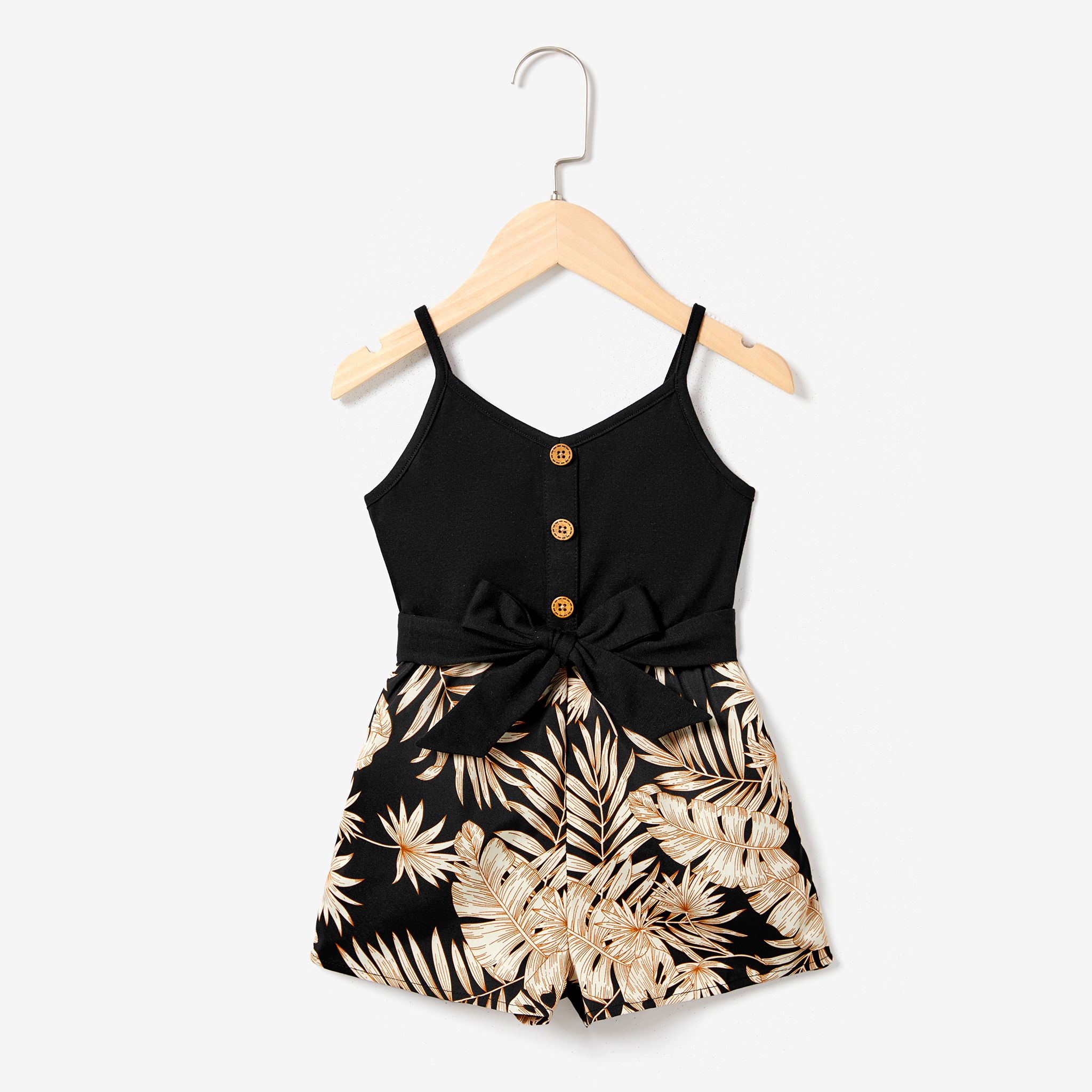 Mommy and Me Camisole Leaf Print Belted One-piece Romper with Pockets