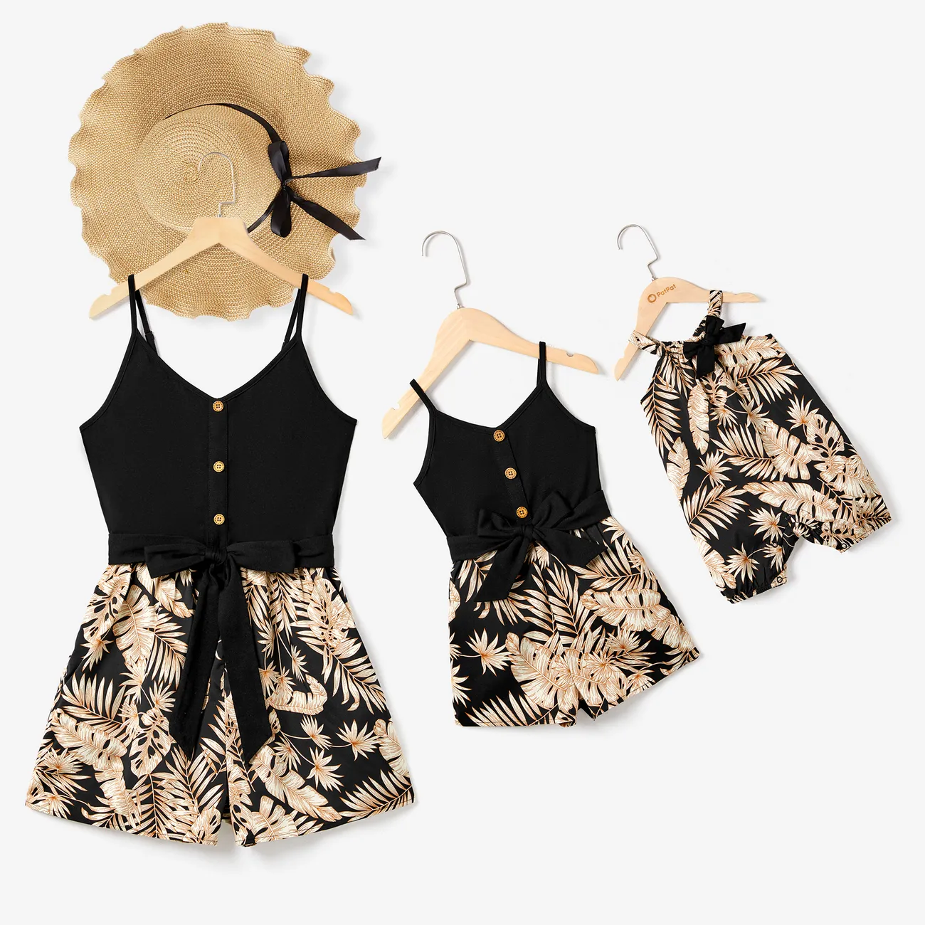 Mommy and Me Camisole Leaf Print Belted One-piece Romper with Pockets Black big image 1