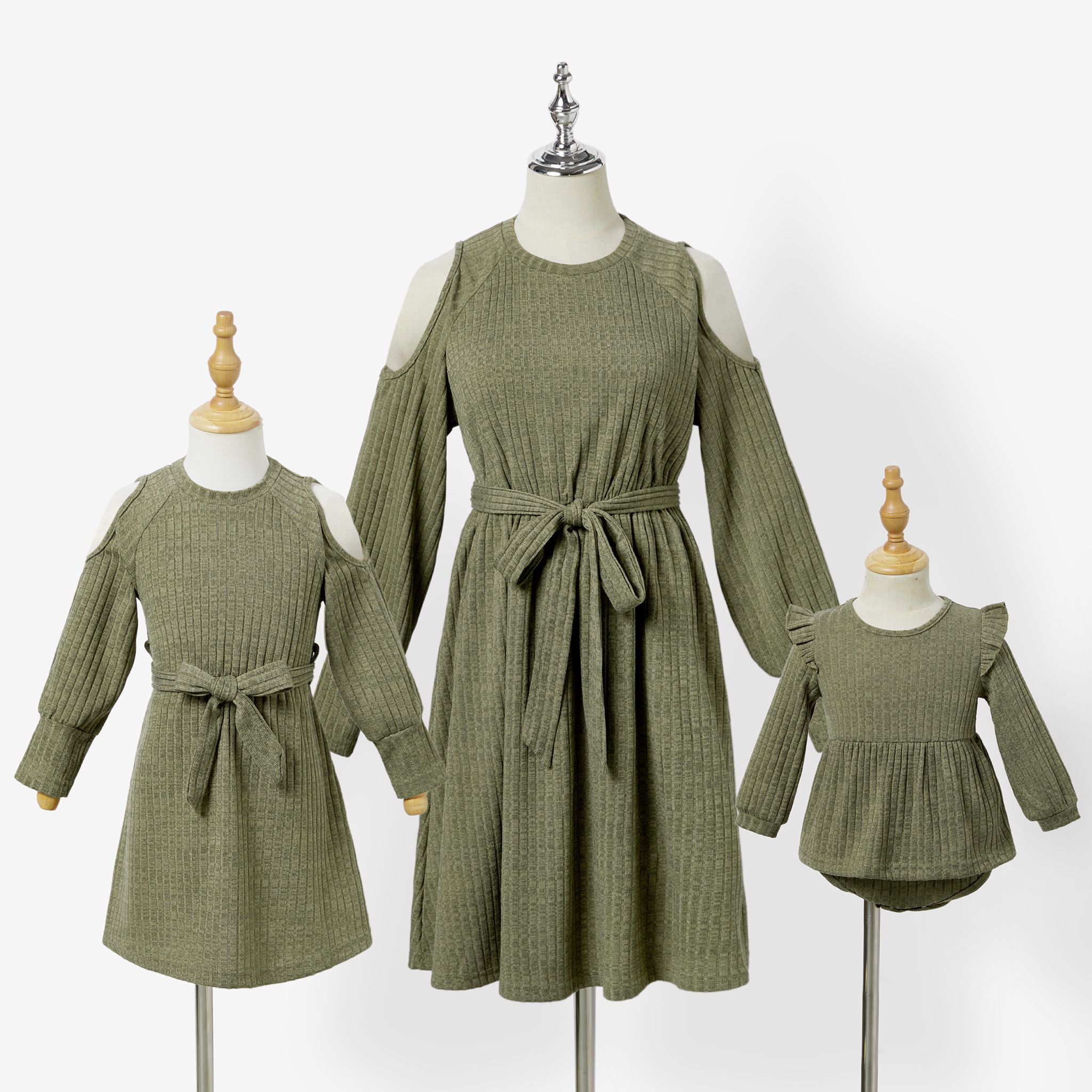 

Mommy and Me Solid Color Cold Shoulder Long Sleeve Knit Dresses
