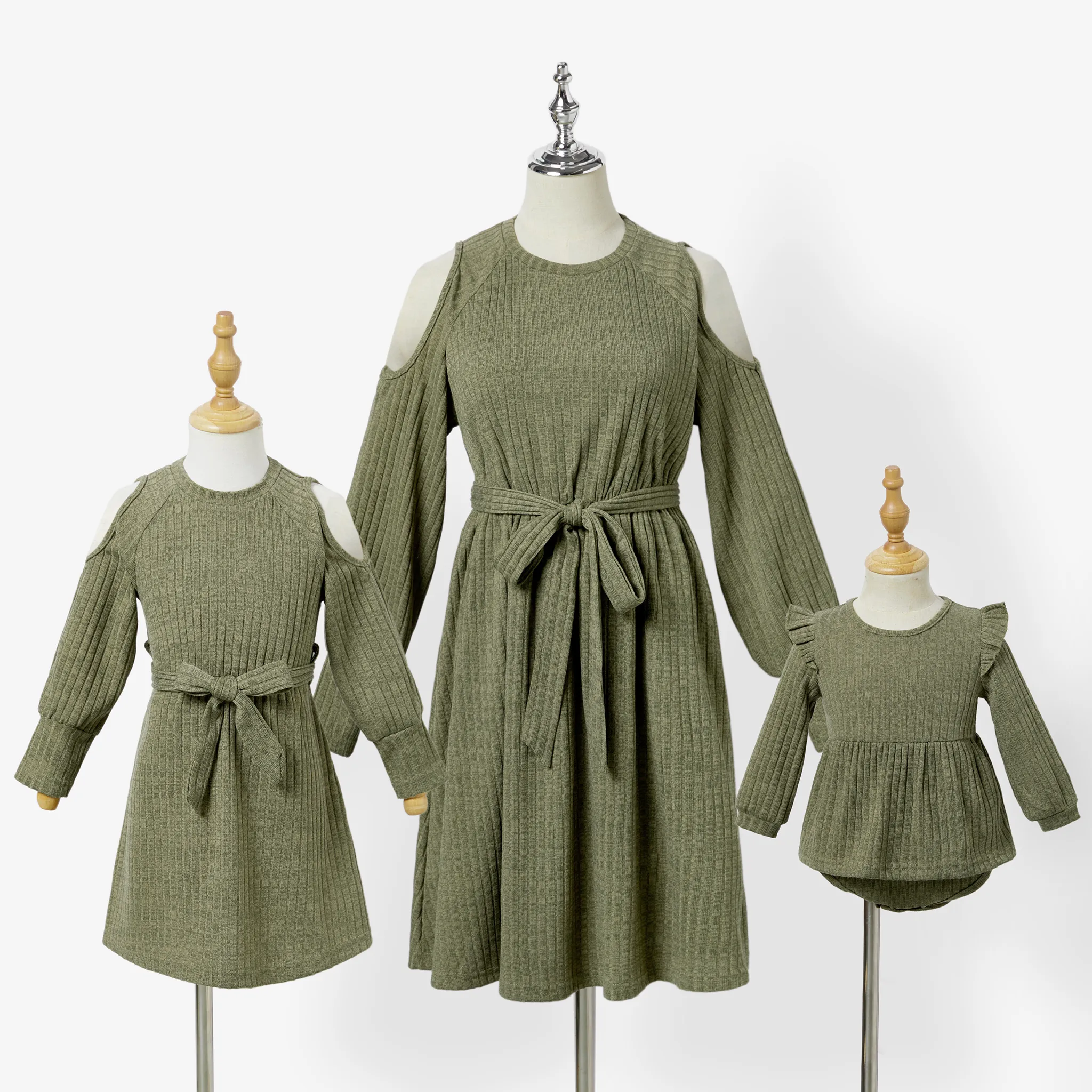 Mommy and Me Solid Color Cold Shoulder Long Sleeve Knit Dresses