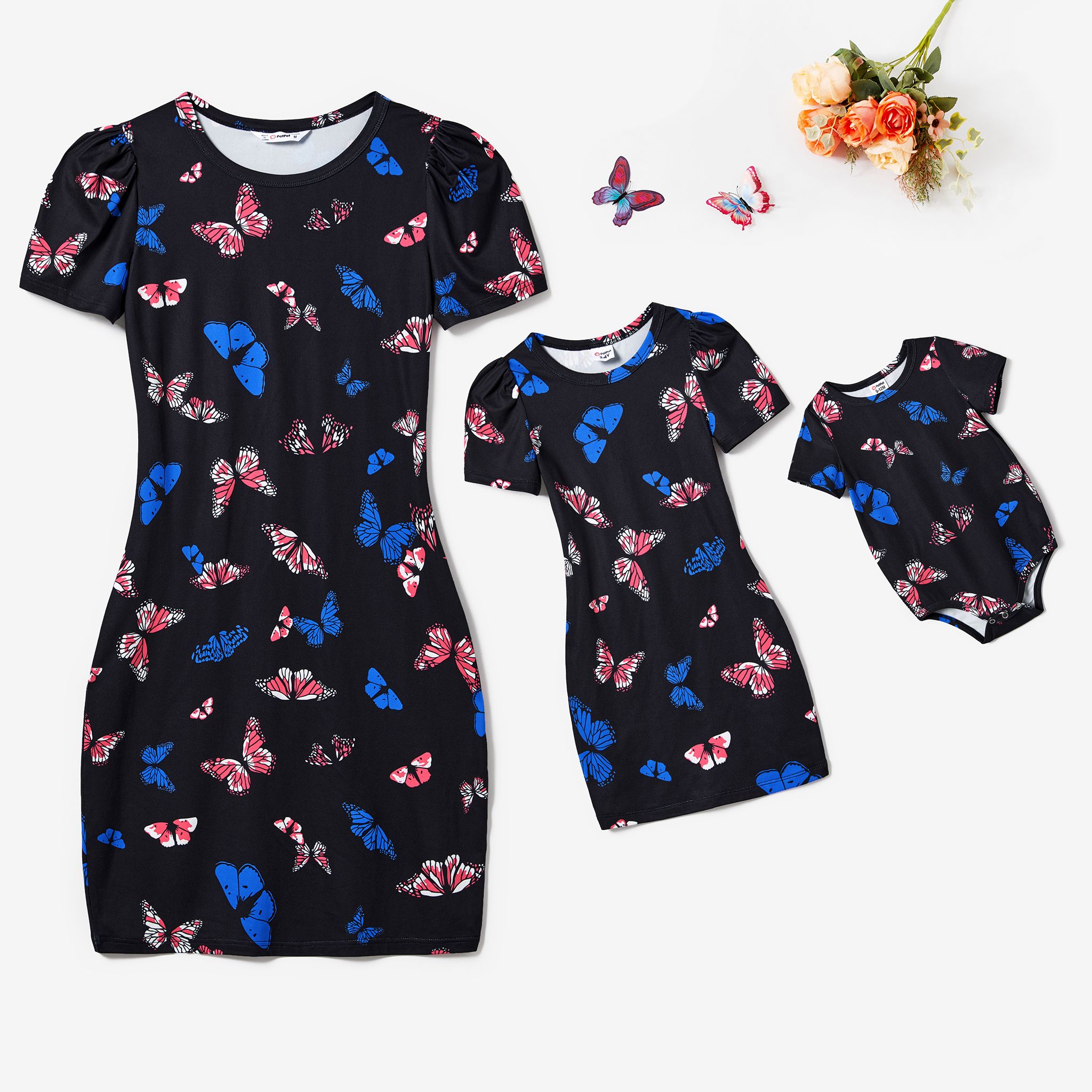 Mommy And Me Butterfly Pattern Body-con Puff Sleeve Dresses