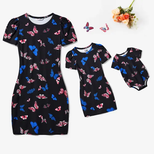 Mommy and Me Butterfly Pattern Body-con Puff Sleeve Dresses