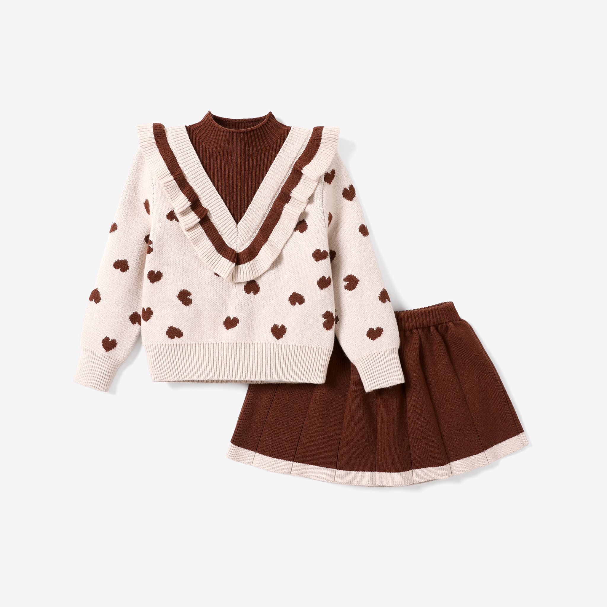 2PCS Toddler Girl Sweet Heart-shaped Faux-two Sweater And Skirt Set