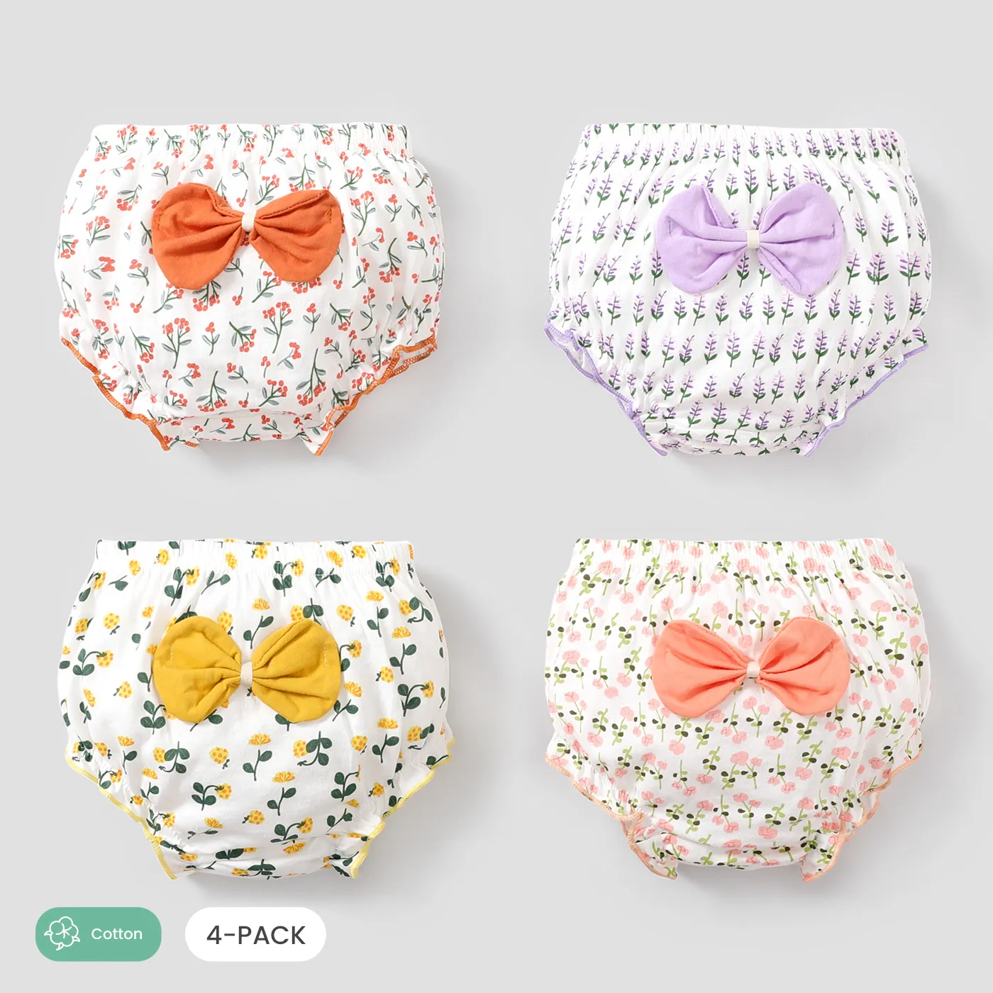 4pcs Toddler Girl Sweet Cotton 3D Hyper-Tactile Noeud Papillon Plantes Et Motif Floral Sous-Vêtements Ensemble