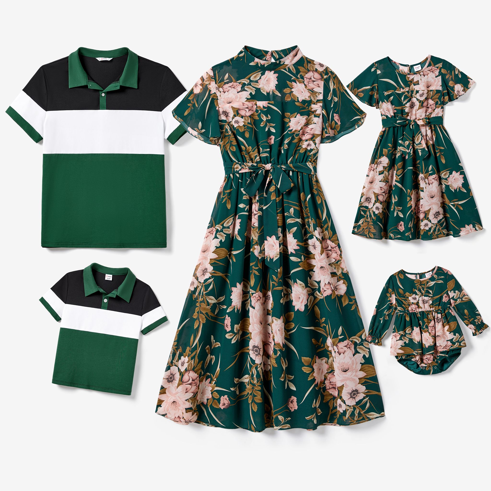 家庭配套拼色 Polo 衫和花卉高領荷葉邊袖連衣裙套裝