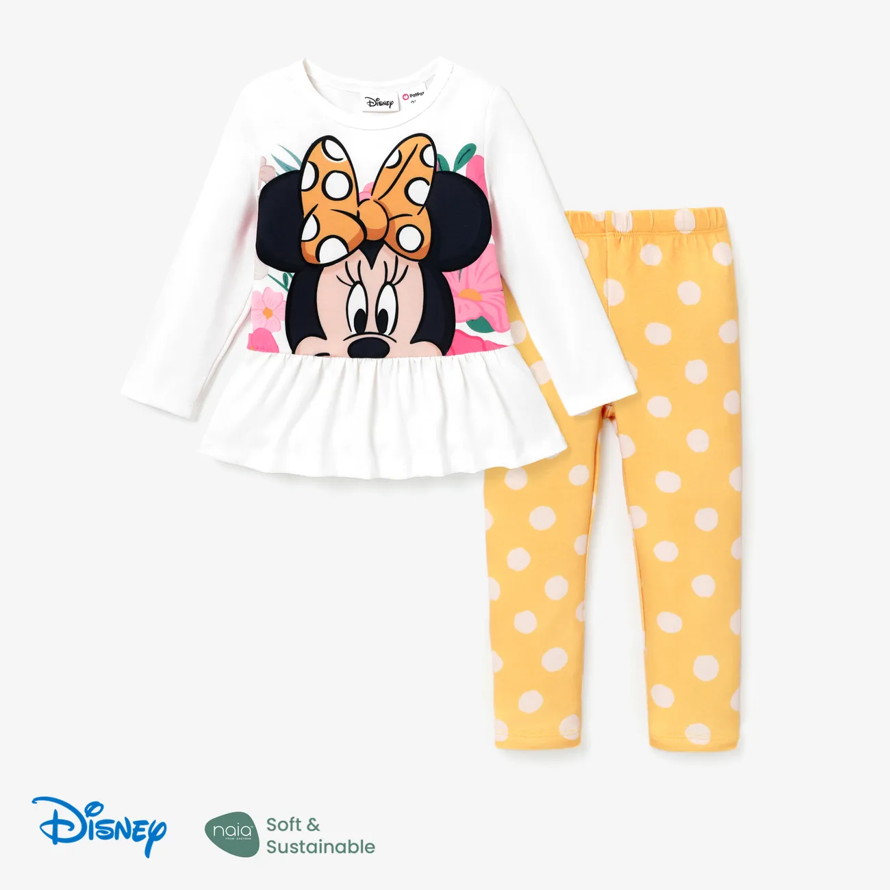 Disney Mickey and Friends Toddler Girl 2pcs Character Naia™ Print Peplum Long-sleeve Tee and Pants Set White big image 1