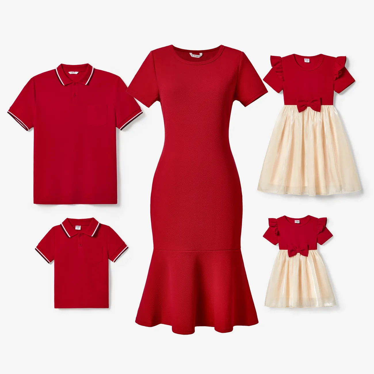Family Matching Solid Color Short-sleeve Laper-collar Tops and Mermaid/Mesh Dresses Sets Red big image 1