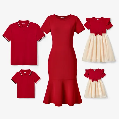 Family Matching Solid Color Short-sleeve Laper-collar Tops and Mermaid/Mesh Dresses Sets