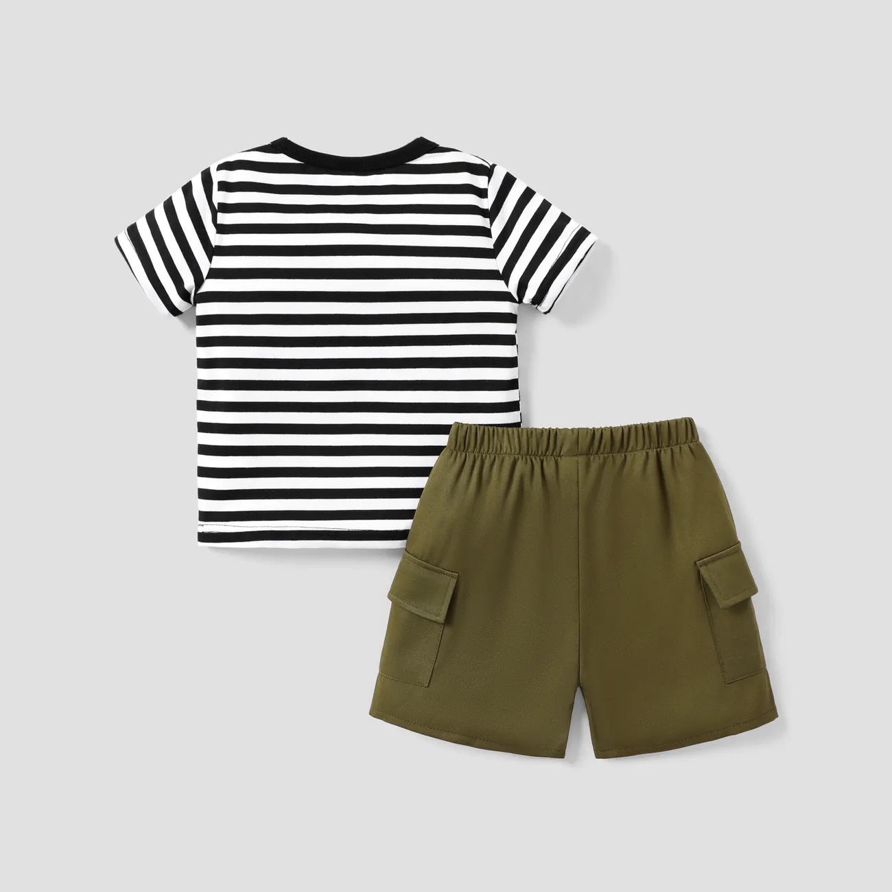 2pcs Toddlers/Kid Boys' Oversized Stripe Workwear Short Sleeve Top and Pants Set  Army green big image 1