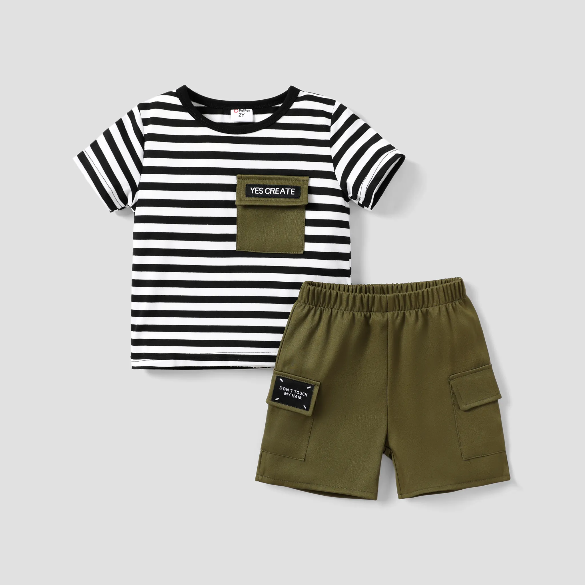 2pcs Toddlers/Kid Boys' Oversized Stripe Workwear Short Sleeve Top and Pants Set