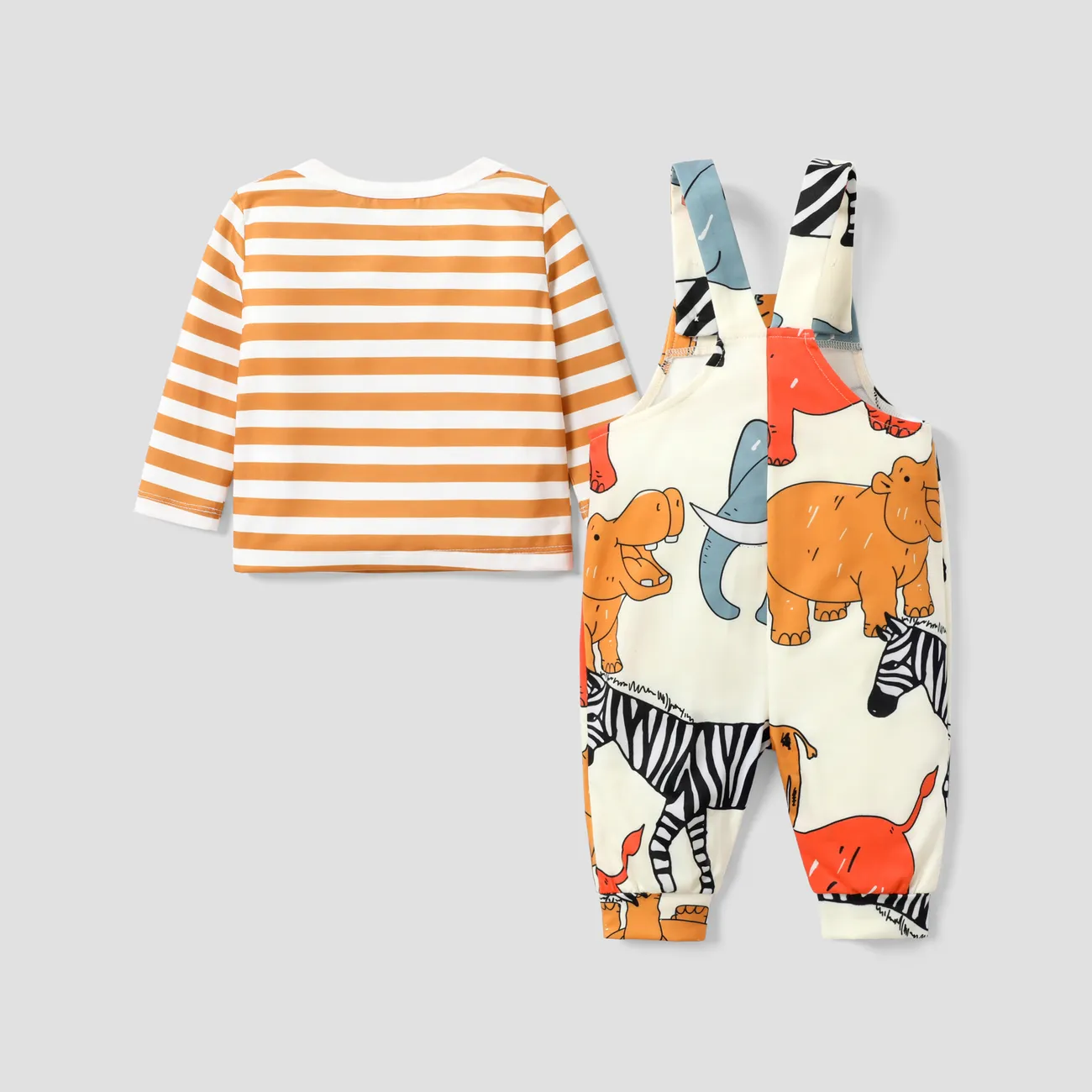 2-piece Baby Girl/Boy Striped Tshirt and Animal-themed Hanging Strap Pants Set Yellow big image 1