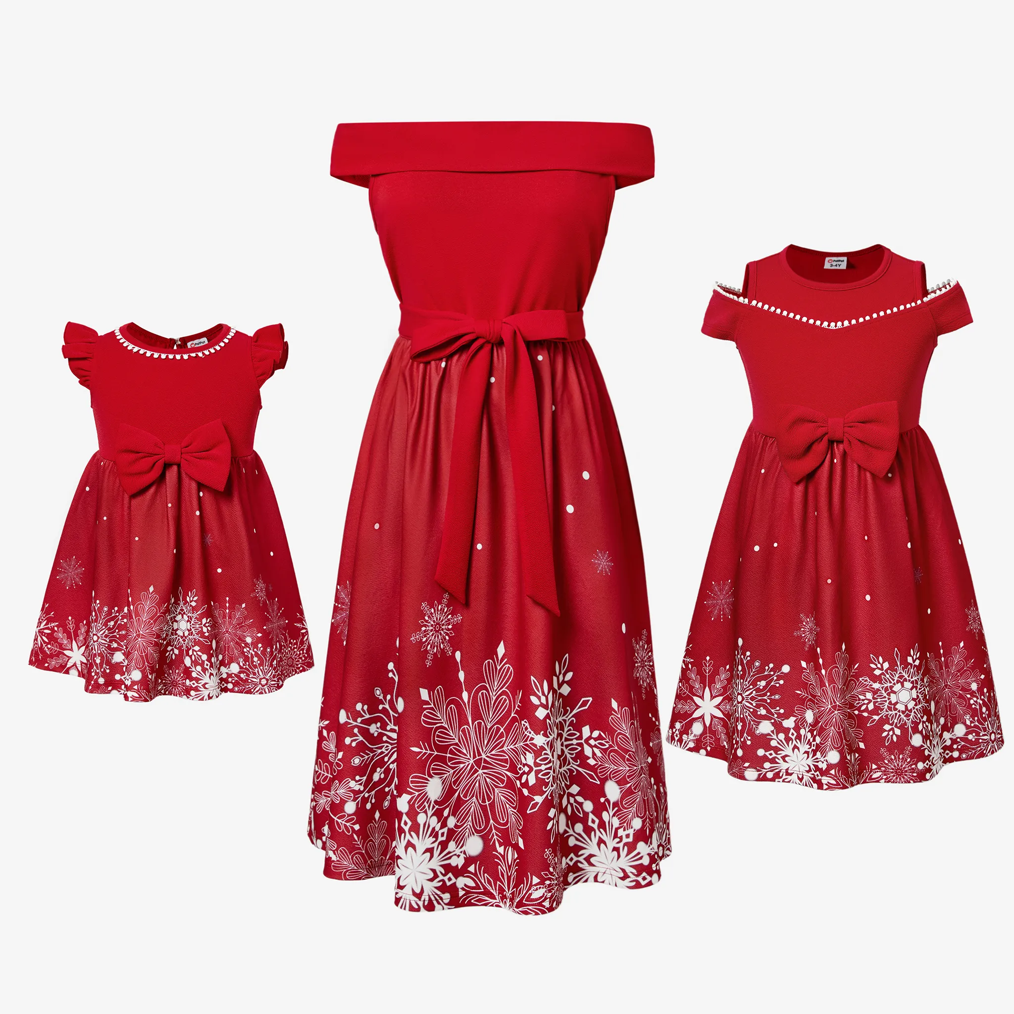 

Mommy & Me Snowflake Print Red Off-shoulder/Open-shoulder Sleeveless Dresses