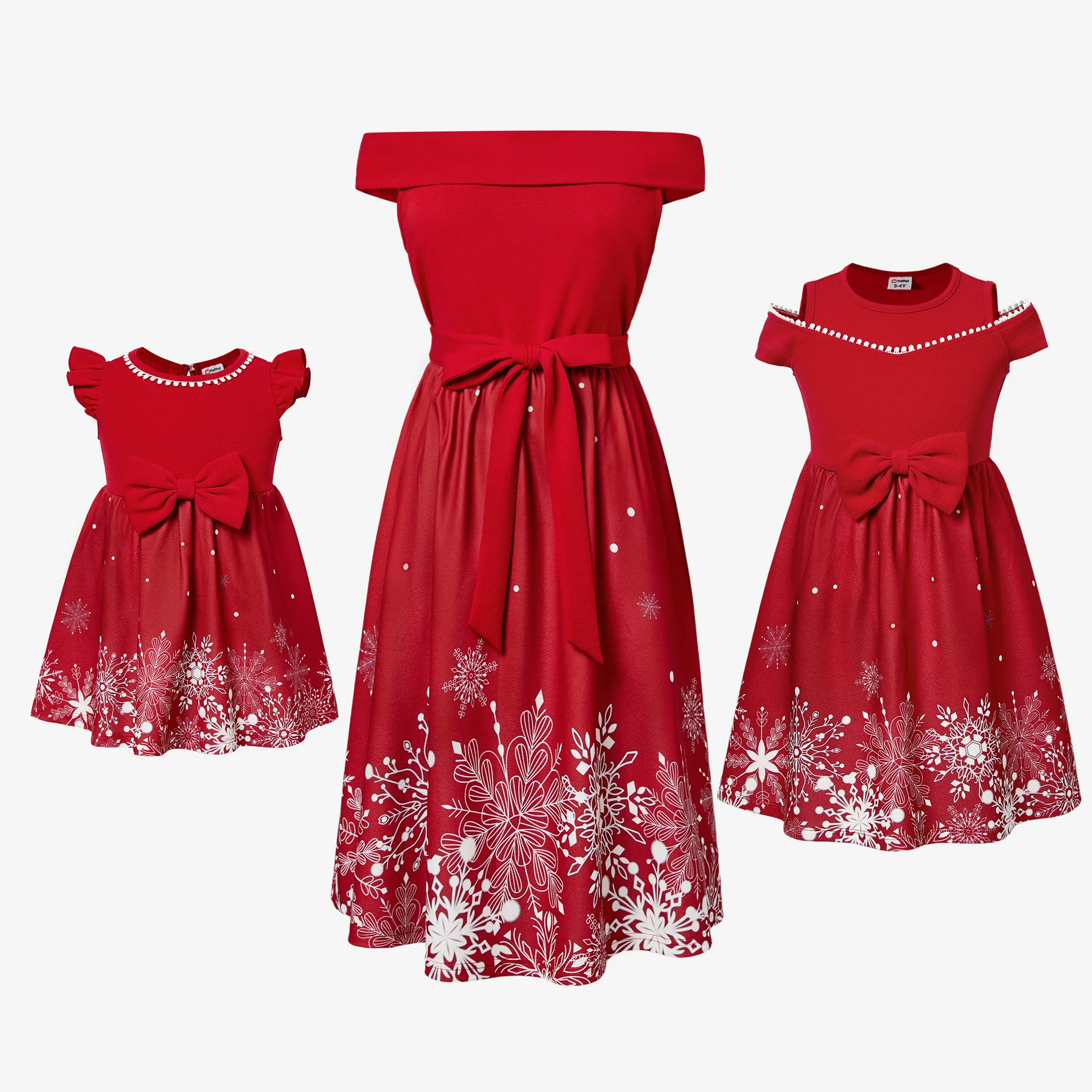 Christmas Mommy & Me Snowflake Print Red Off-shoulder/Open-shoulder Sleeveless Dresses