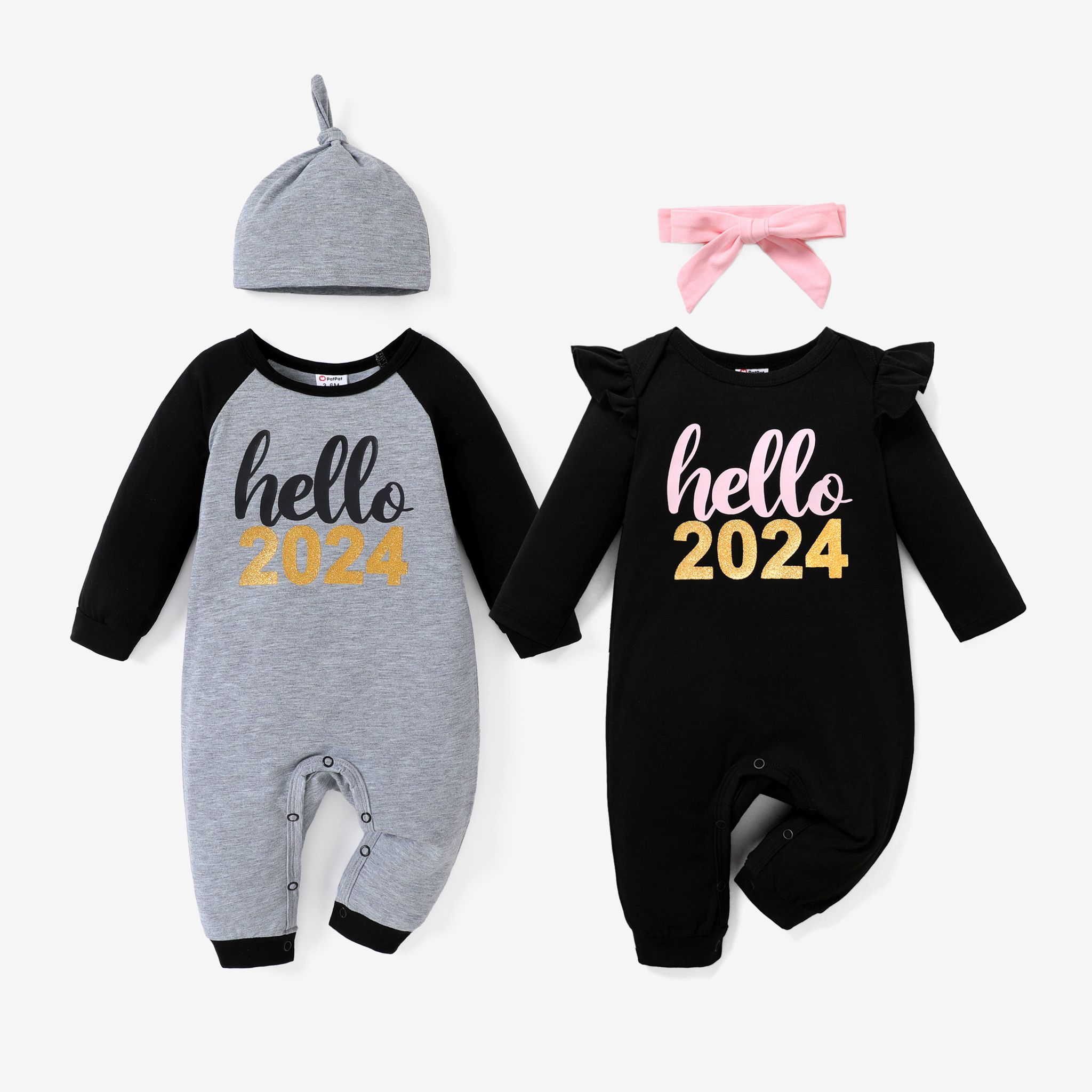 2pcs Baby Girl/Boy Childlike New Year Letter Pattern Jumpsuit