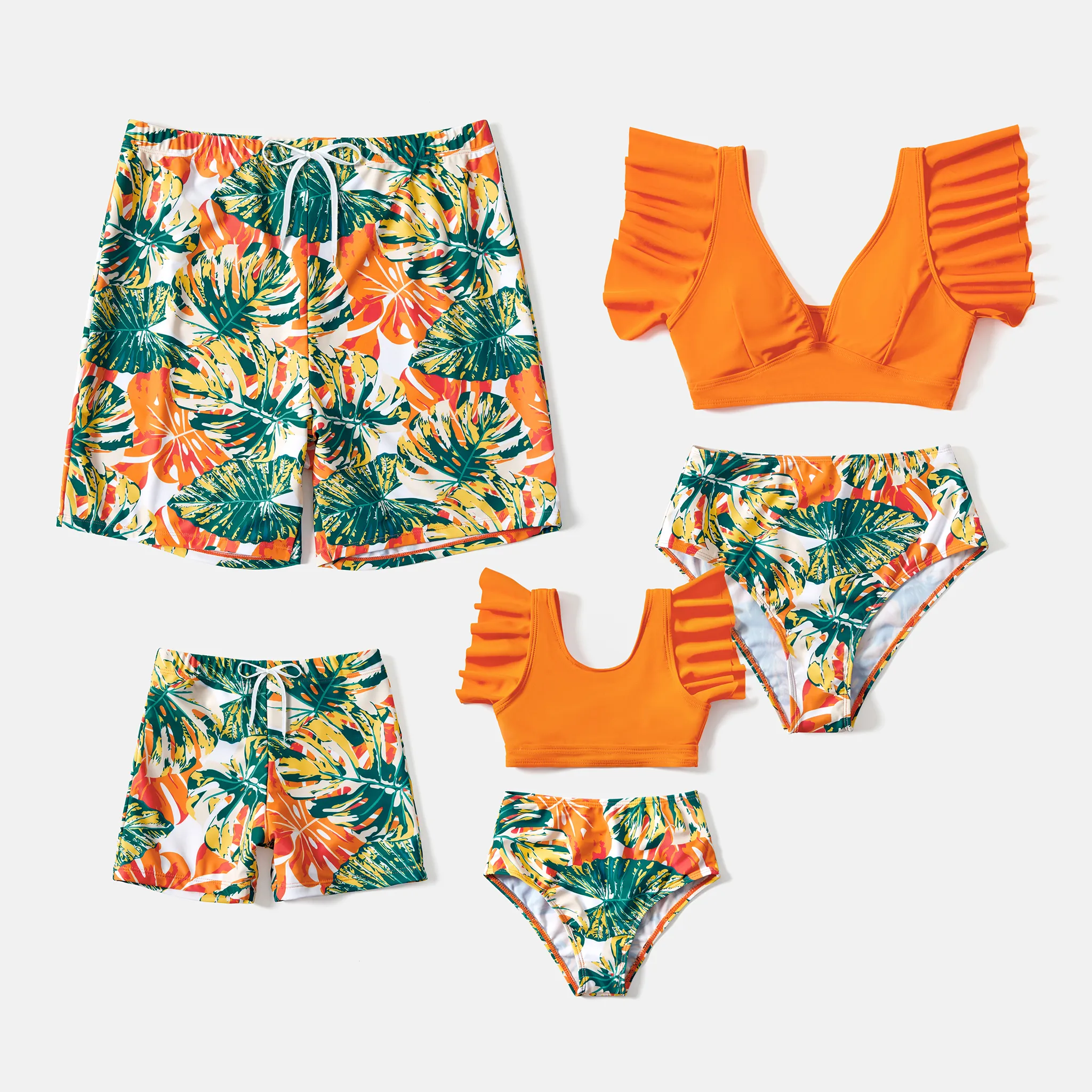 Family Matching Tropical Plant Print Ruffle-sleeve Top & Shorts Swimsuit