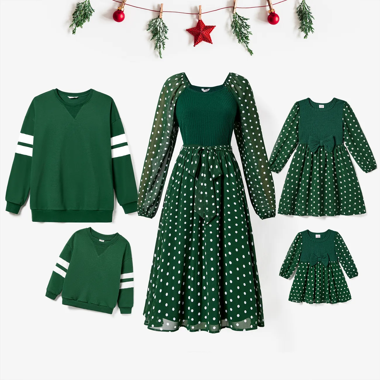 Family Matching Long-sleeve Green Tops and Polka Dot Mesh Splicing Belted Dresses Sets Dark Green big image 1
