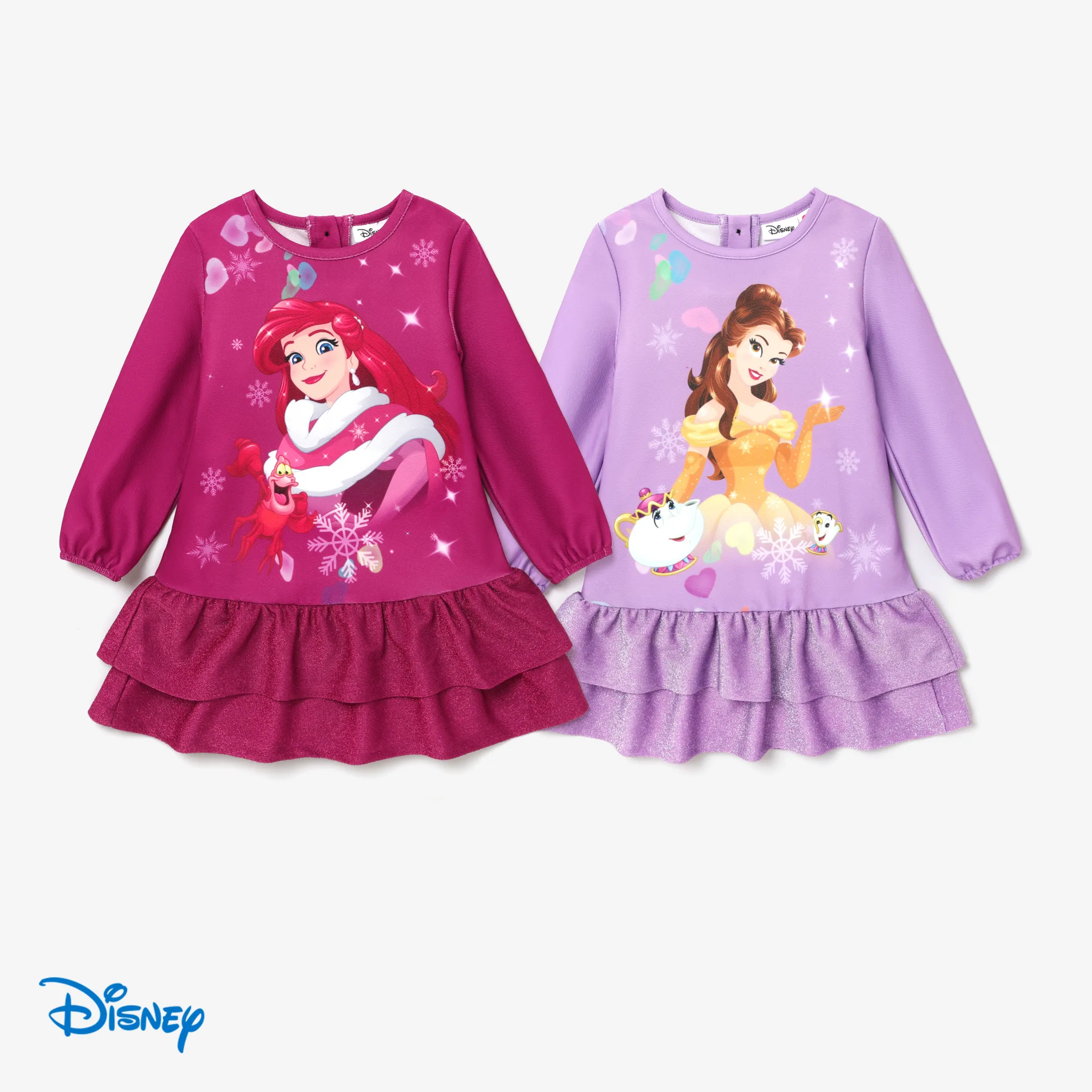 Disney Princess Toddler Girl Character Print Sparkle Ruffled Long-sleeve Dress