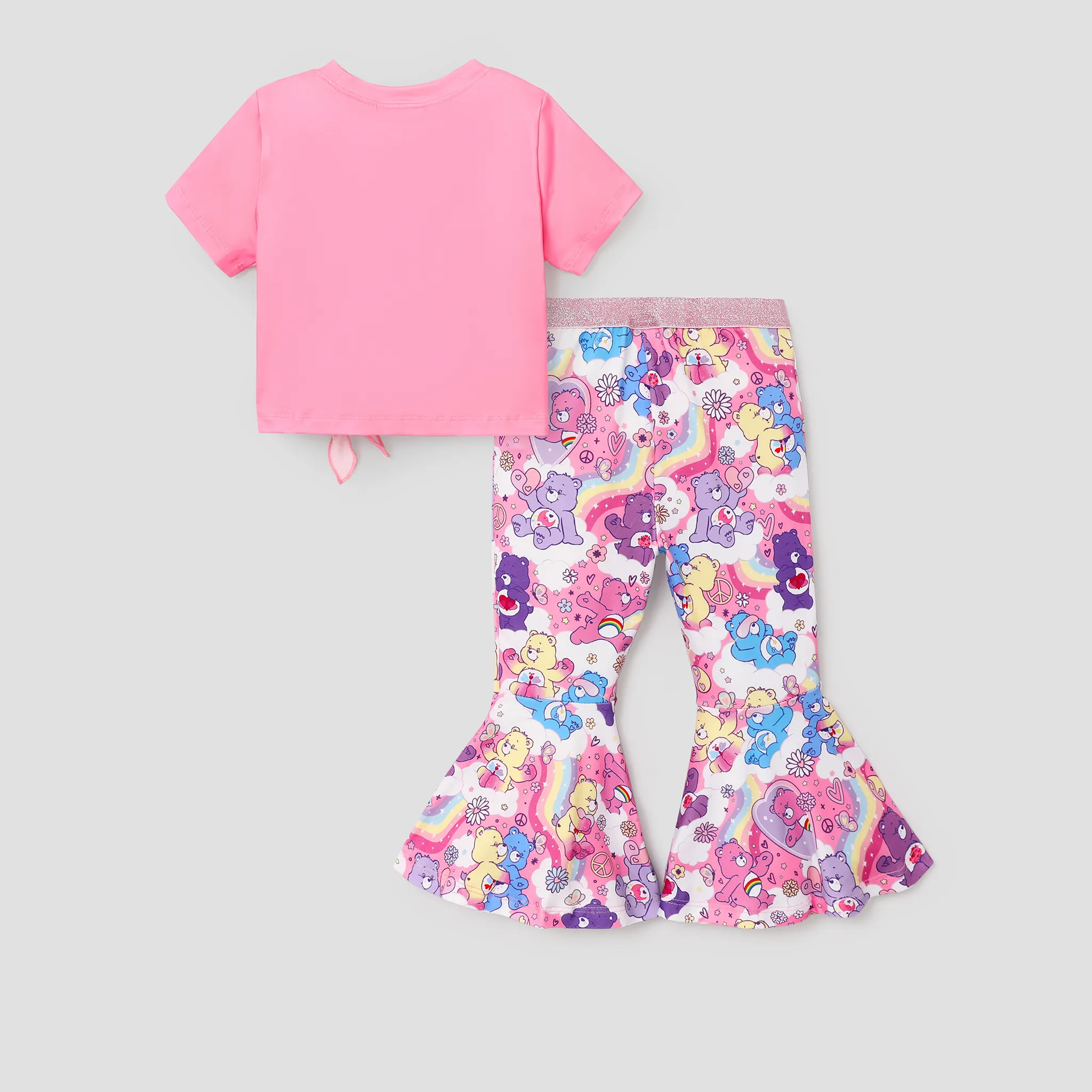 Care Bears Toddler Girl 2pcs Fashionable Character Print Short-sleeve Knotted Tee and Rainbow Print Flared Pants Set Pink image 2