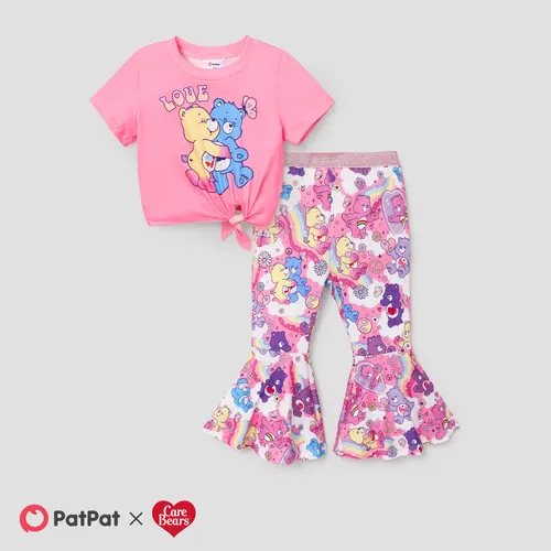 Care Bears Toddler Girl 2pcs Fashionable Character Print Short-sleeve Knotted Tee and Rainbow Print Flared Pants Set
