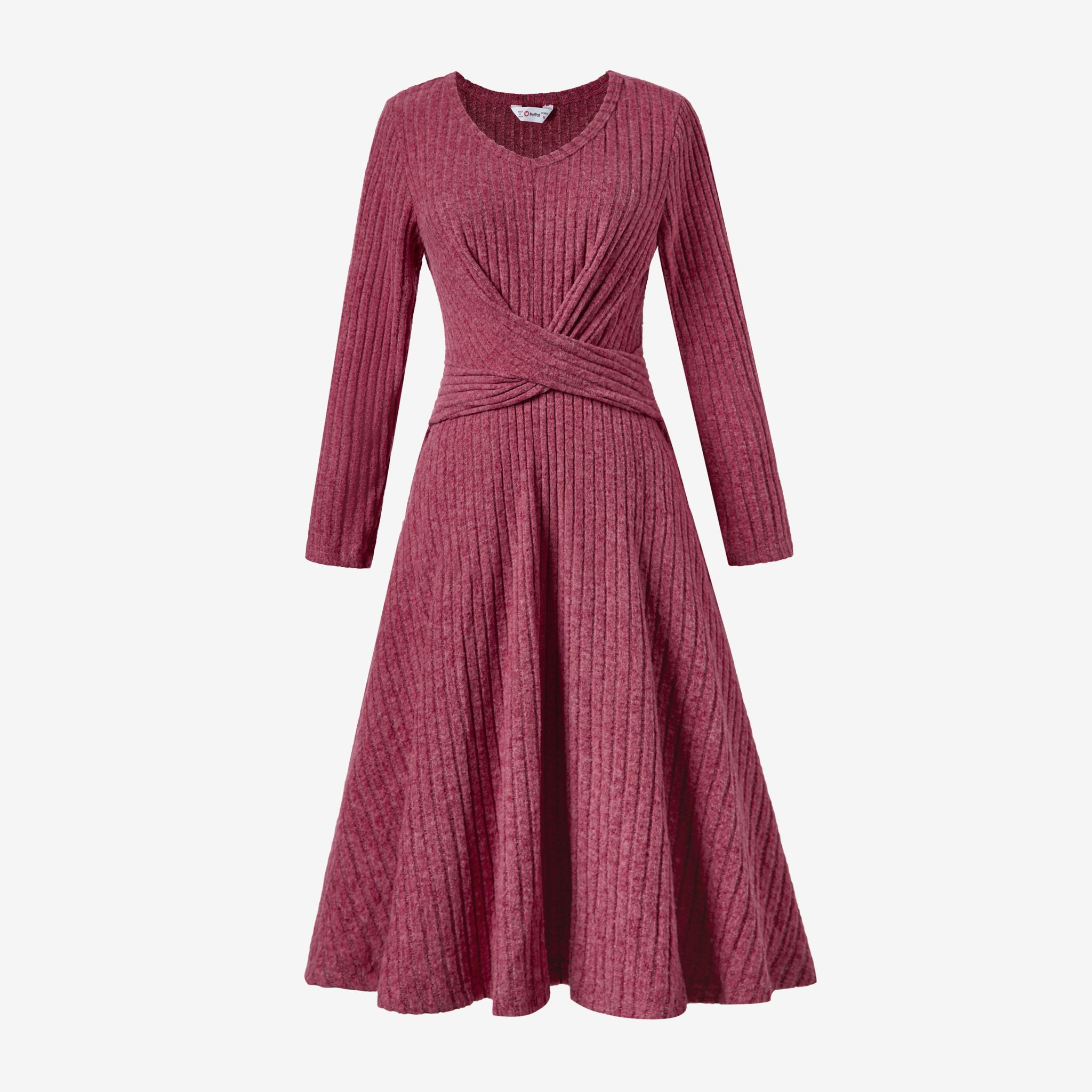 Family Matching Knit Long-sleeve Color-block/Solid Tops And Lace Hem Dresses Sets