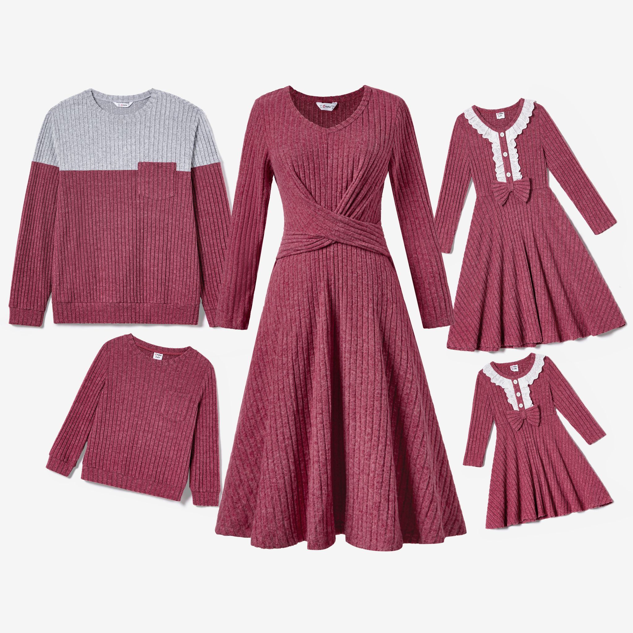 Family Matching Knit Long-sleeve Color-block/Solid Tops And Lace Hem Dresses Sets