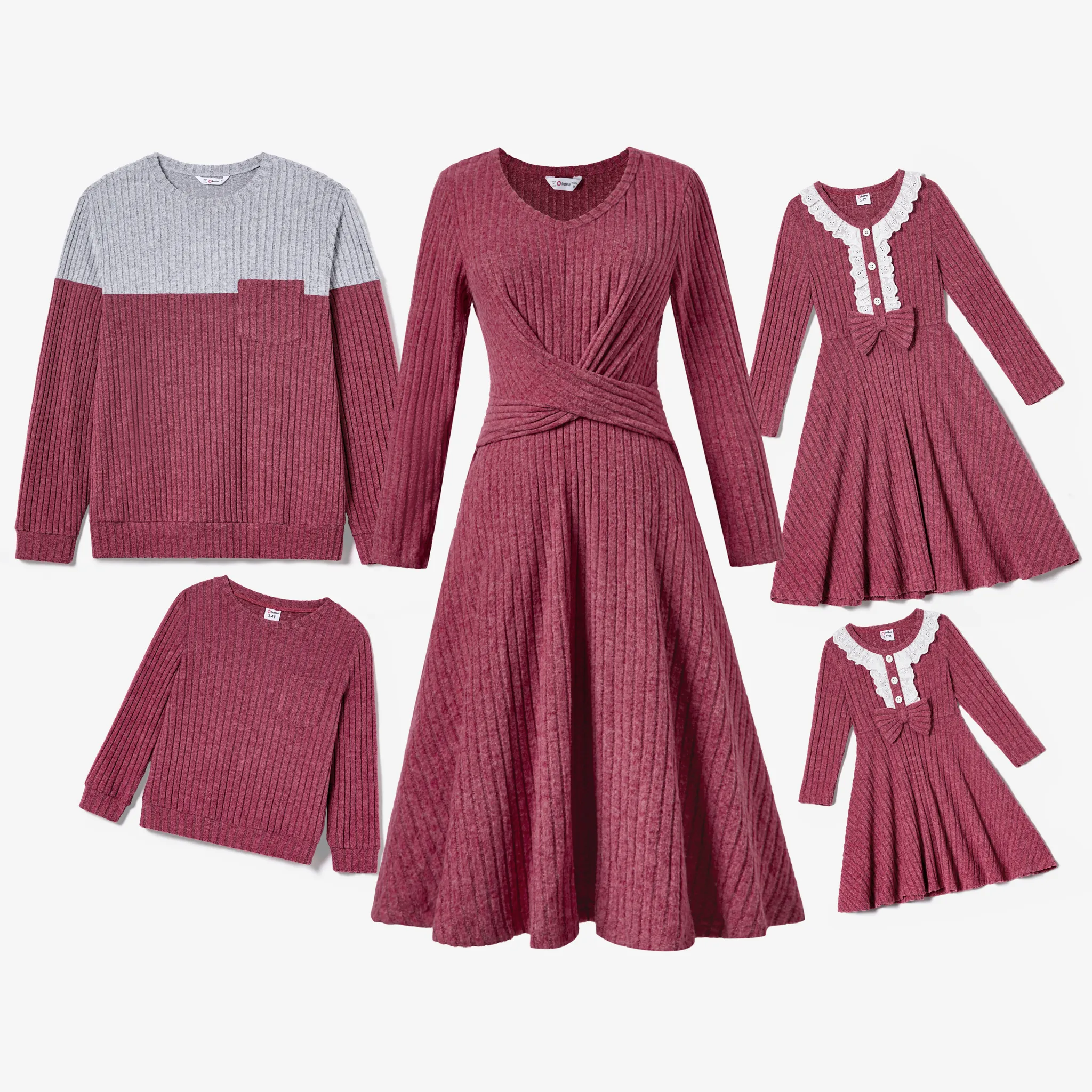 Family Matching Knit Long-sleeve Color-block/Solid Tops and Lace Hem Dresses Sets 