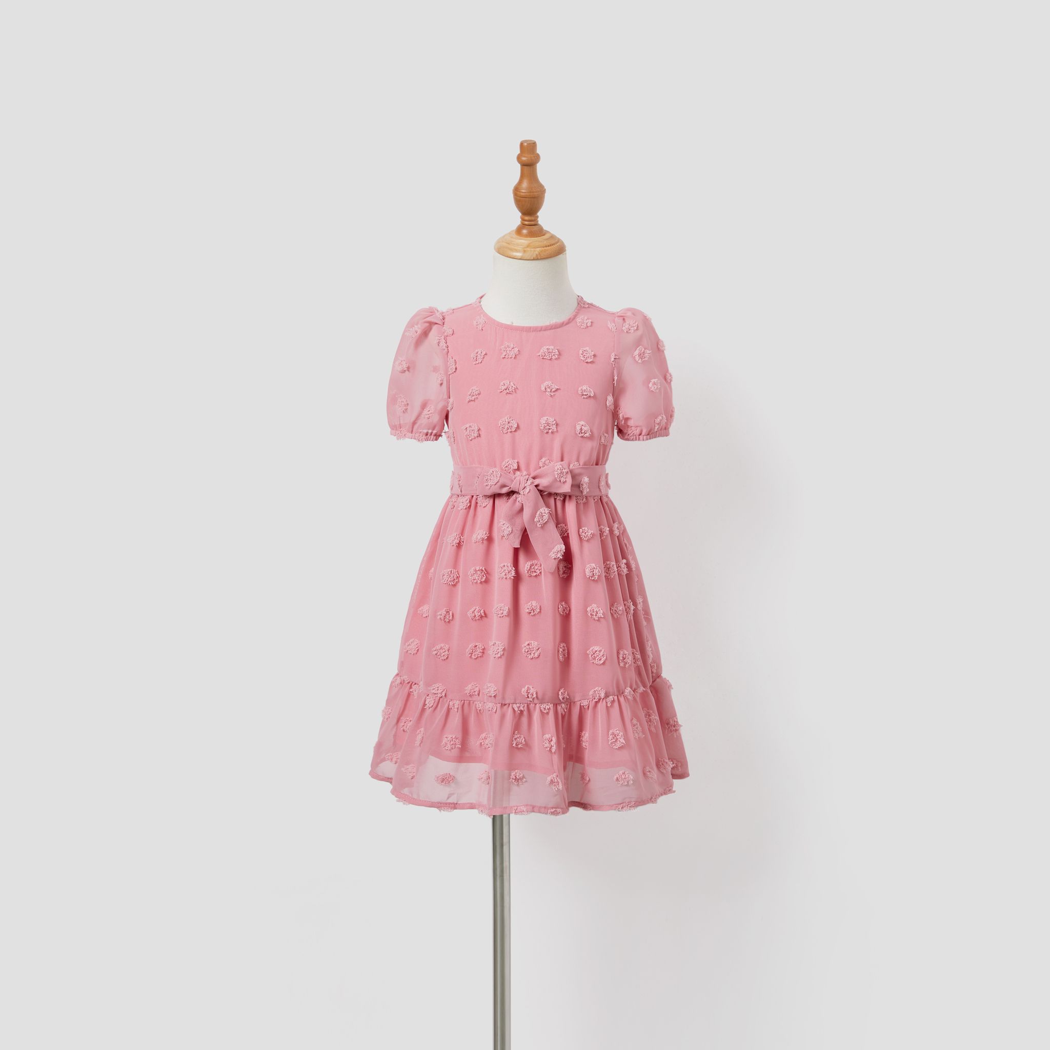 Family Matching Colorblock Shirt And Pink Swiss Dot Wrap Front Ruffled Hem Belted Dress Sets