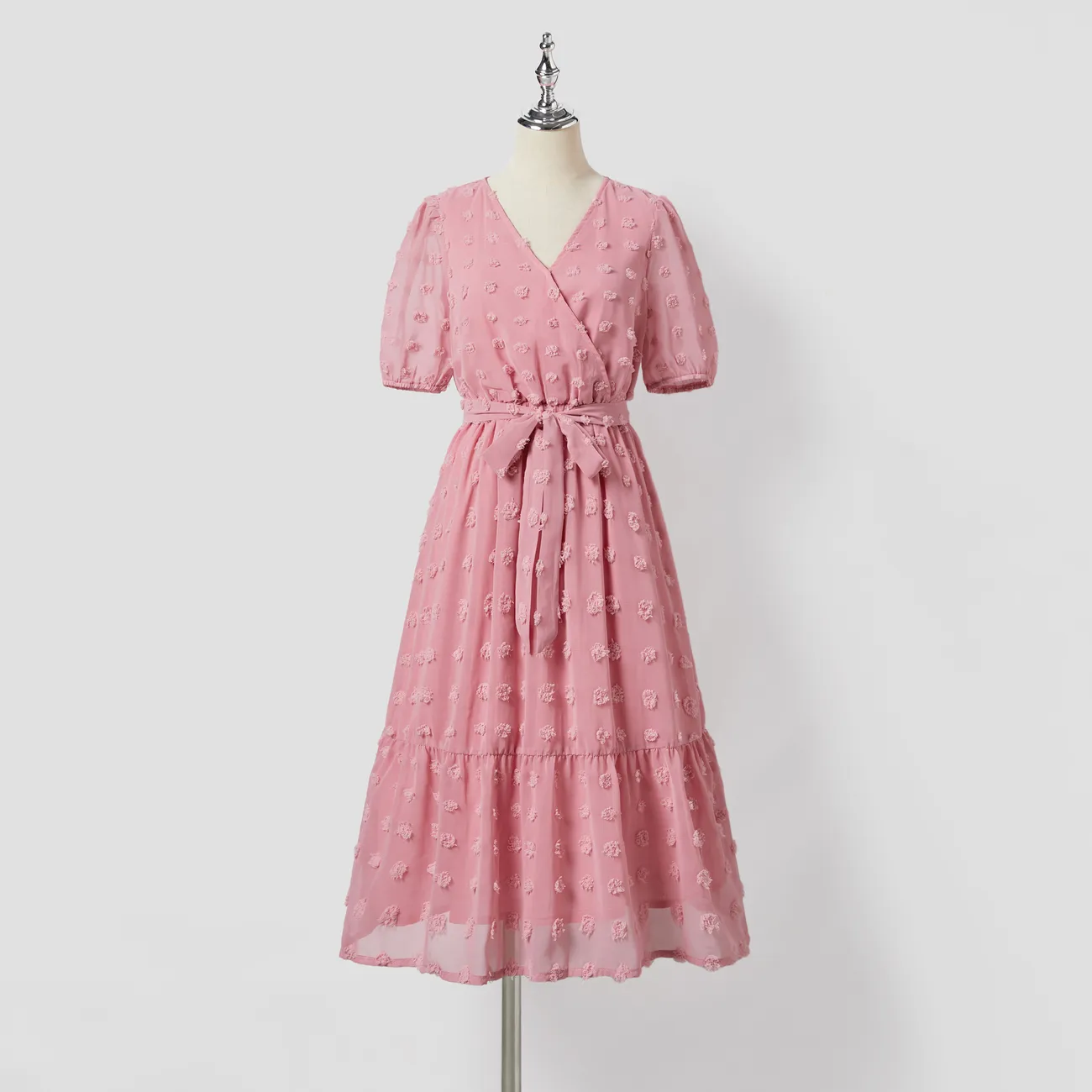 Family Matching Colorblock Shirt and Pink Swiss Dot Wrap Front Ruffled Hem Belted Dress Sets Pink big image 1