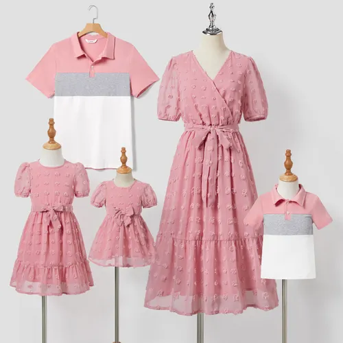 Family Matching Colorblock Shirt and Pink Swiss Dot Wrap Front Ruffled Hem Belted Dress Sets