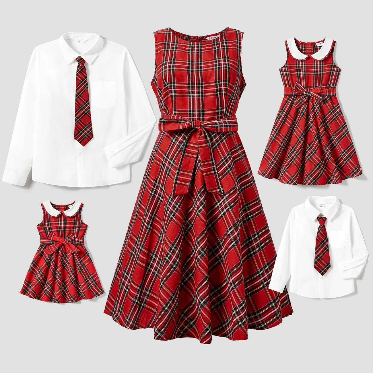 Christmas Family Matching Plaid Tops and Sleeveless Belted Dresses Sets  big image 1