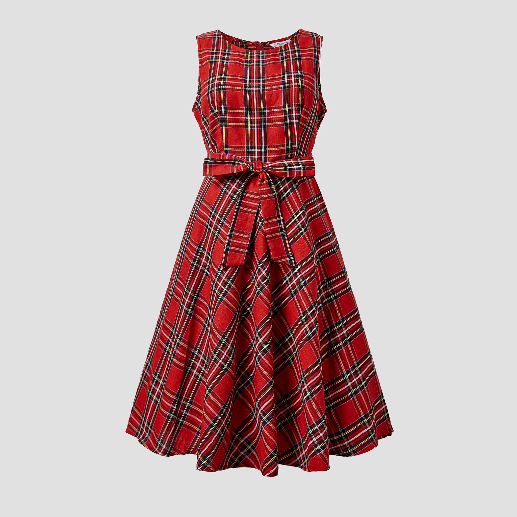 Christmas Family Matching Plaid Tops And Sleeveless Belted Dresses Sets