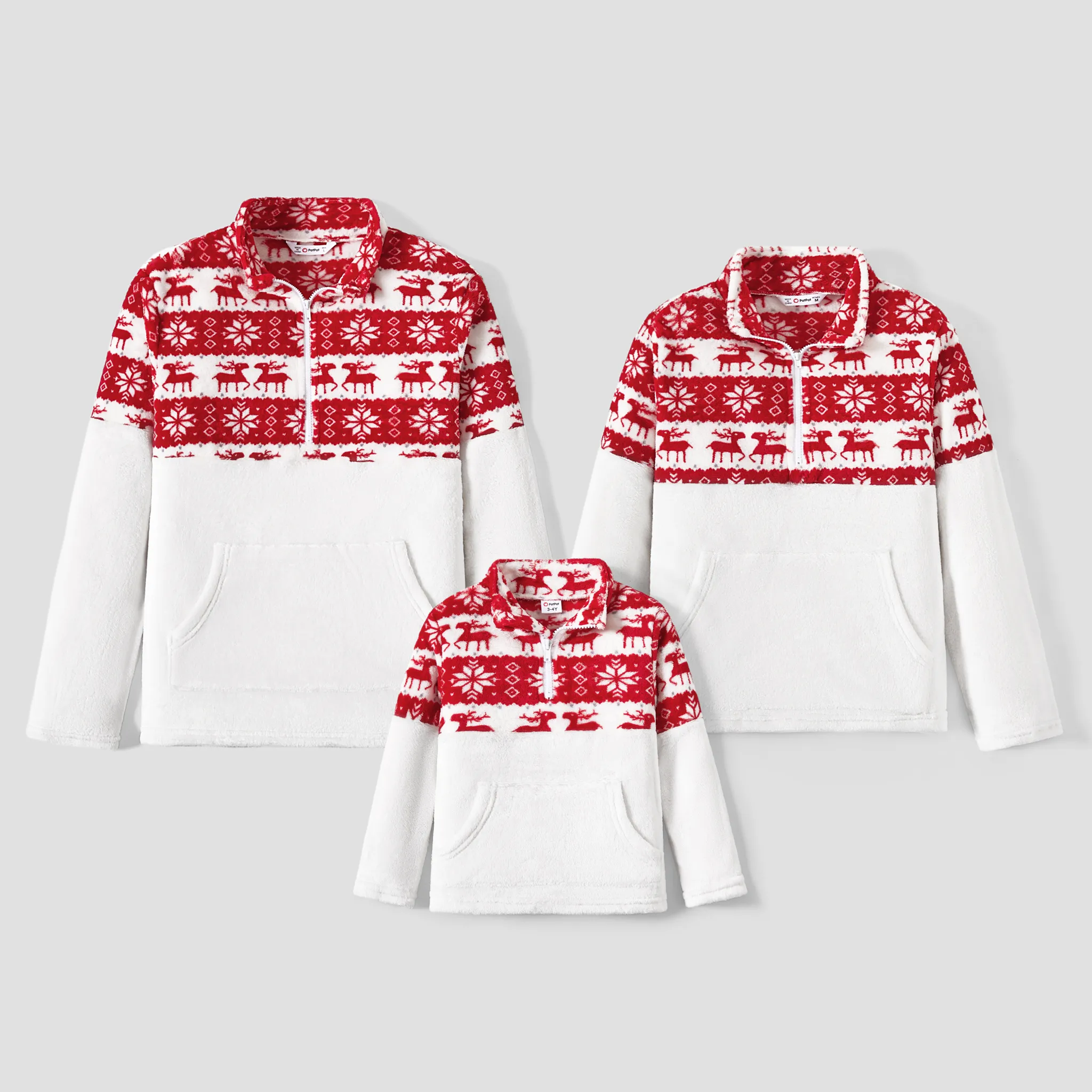 Christmas Family Matching Reindeer Print Stand Collar Fleece Sweatshirts Tops