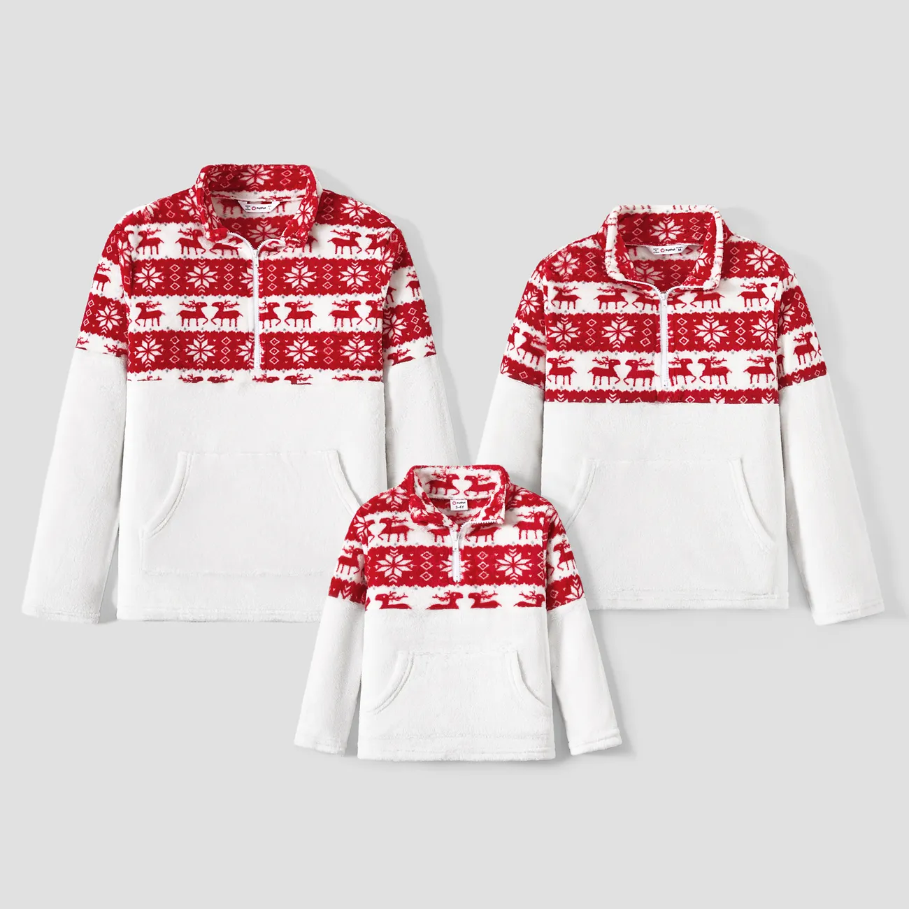 Christmas Family Matching Reindeer Print Stand Collar Fleece Sweatshirts Tops REDWHITE big image 1