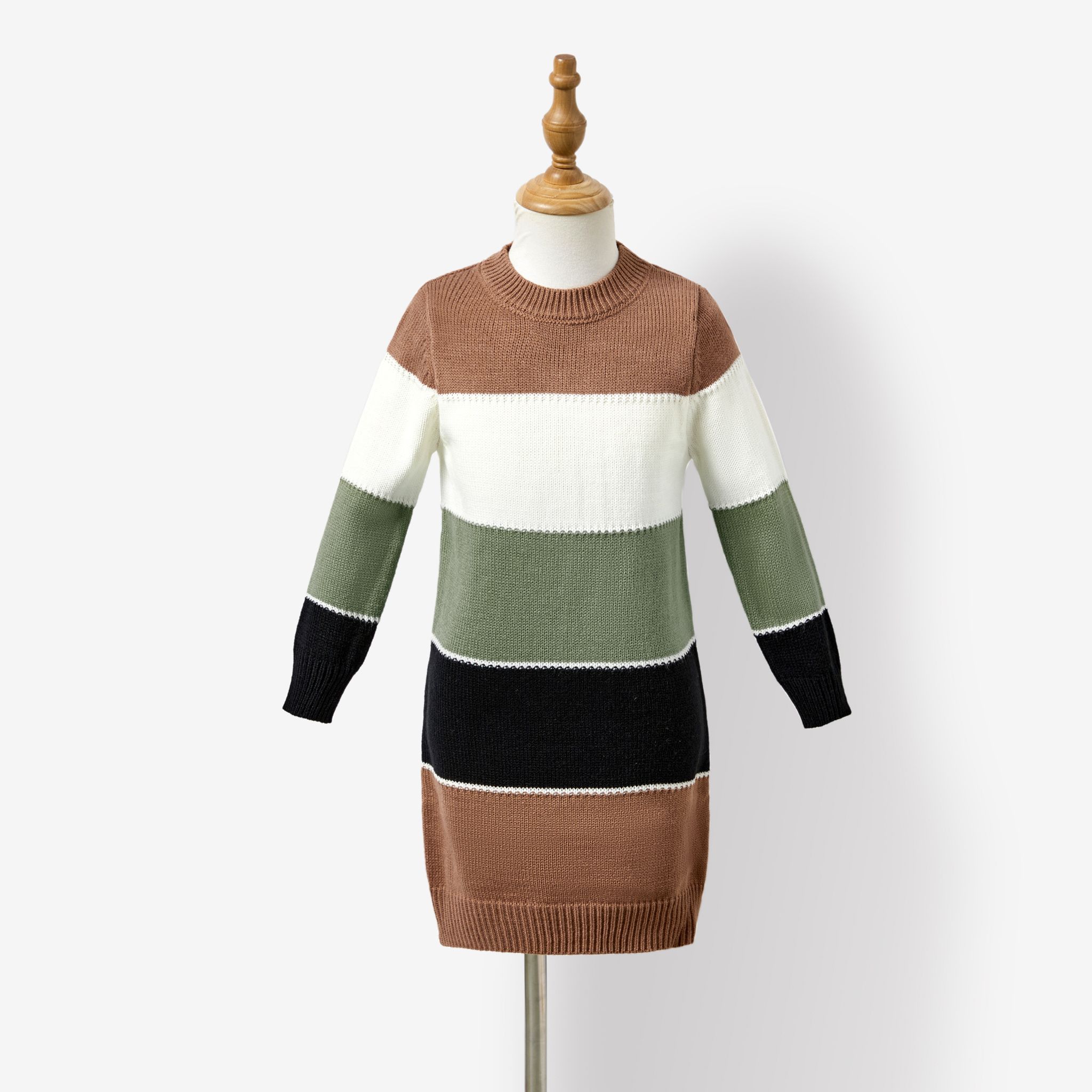Family Matching Casual Color-block Long Sleeve Knitted Tops And Dresses Sets