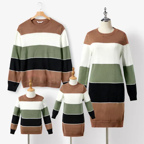 Family Matching Casual Color-block Long Sleeve Knitted Tops and Dresses Sets
