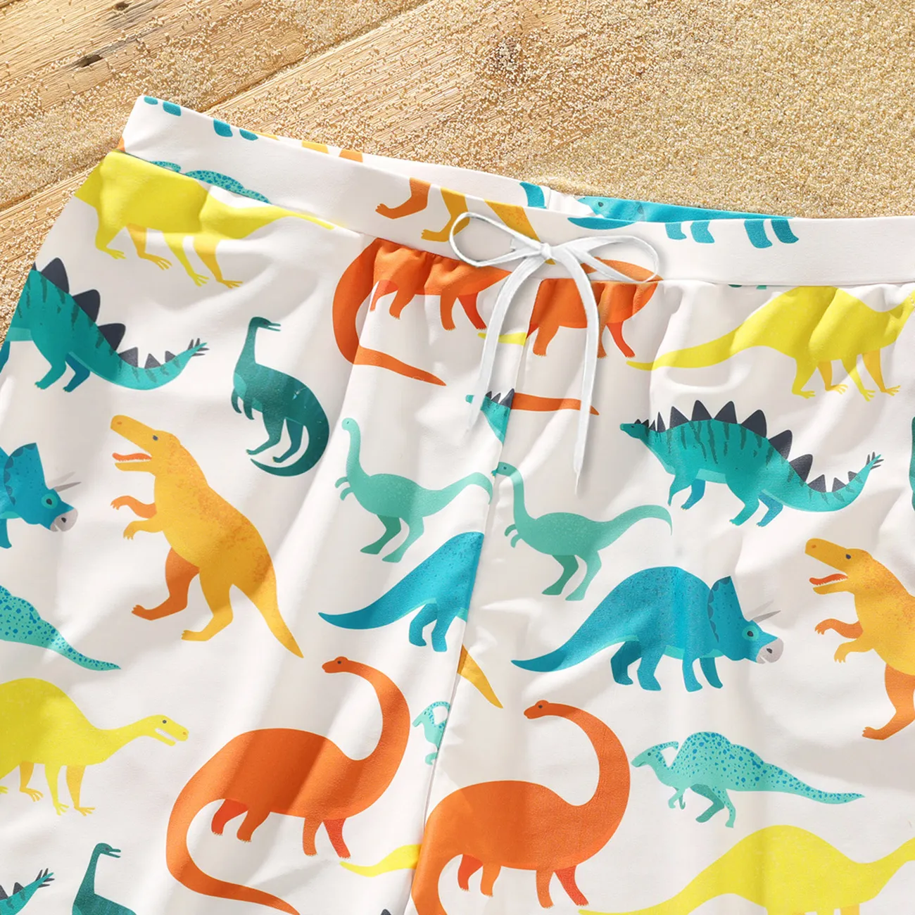 Family Matching All Over Multicolor Dinosaur Print Swim Trunks Shorts and Ruffle Two-Piece Swimsuit White big image 1