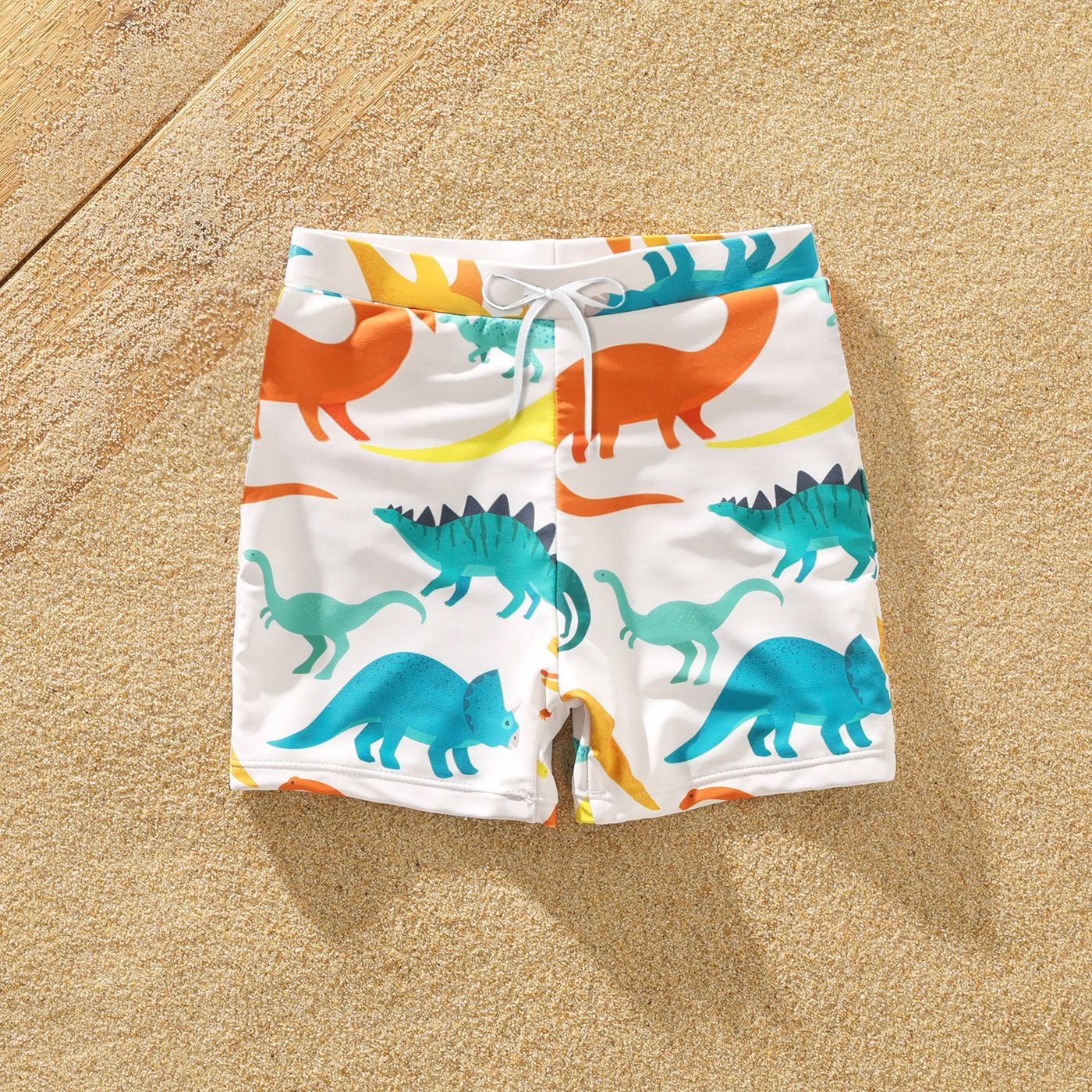 Family Matching All Over Multicolor Dinosaur Print Swim Trunks Shorts and Ruffle Two-Piece Swimsuit