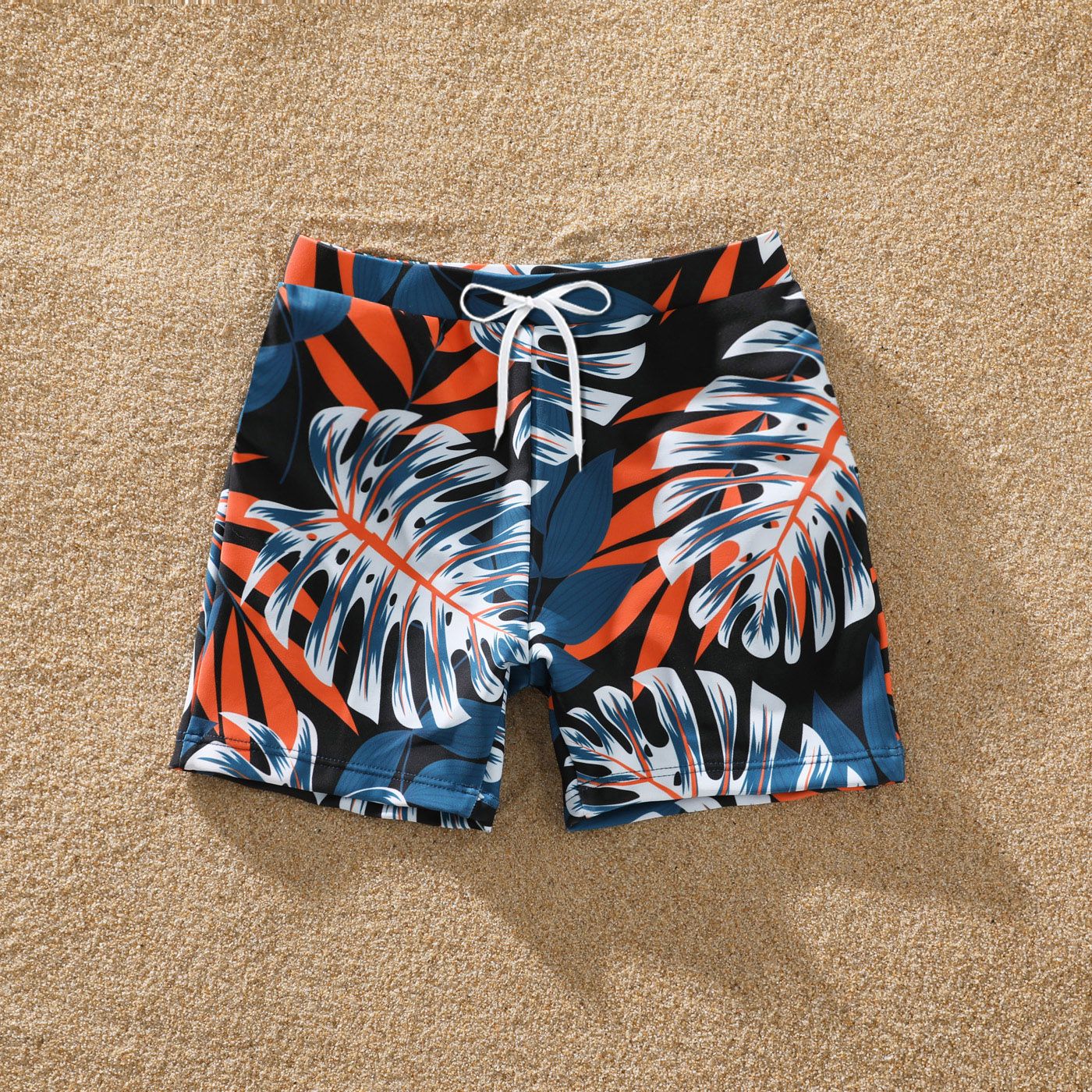 Family Matching Solid Splicing Palm Leaf Print Spaghetti Strap One-Piece Swimsuit And Swim Trunks Shorts