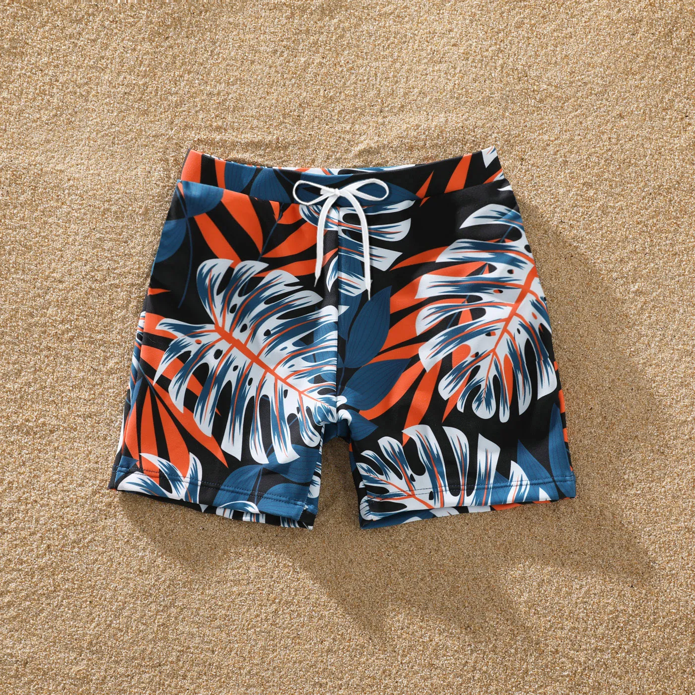 Family Matching Solid Splicing Palm Leaf Print Spaghetti Strap One-Piece Swimsuit and Swim Trunks Shorts Blue big image 1