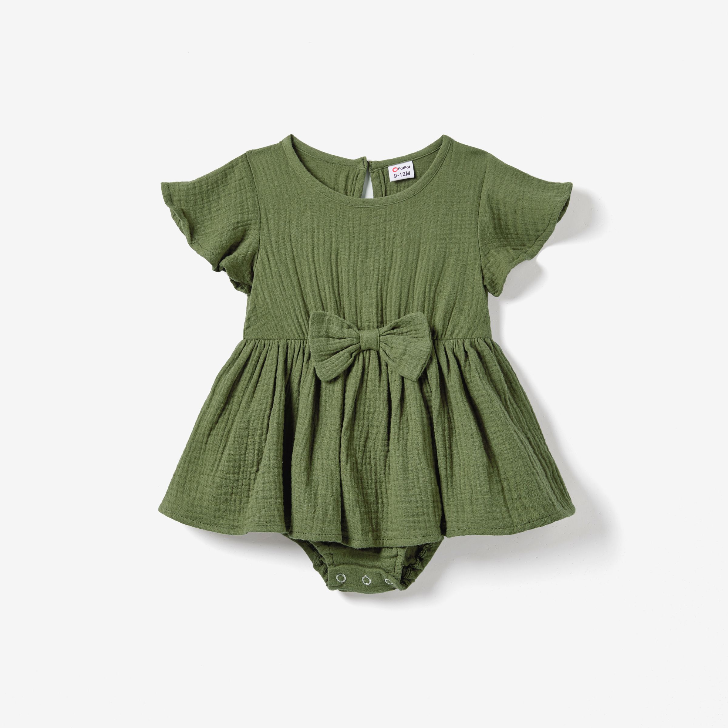 Family Matching Colorblock Stripe Tops And Army Green Cotton Crepe Short Sleeve Dresses Sets