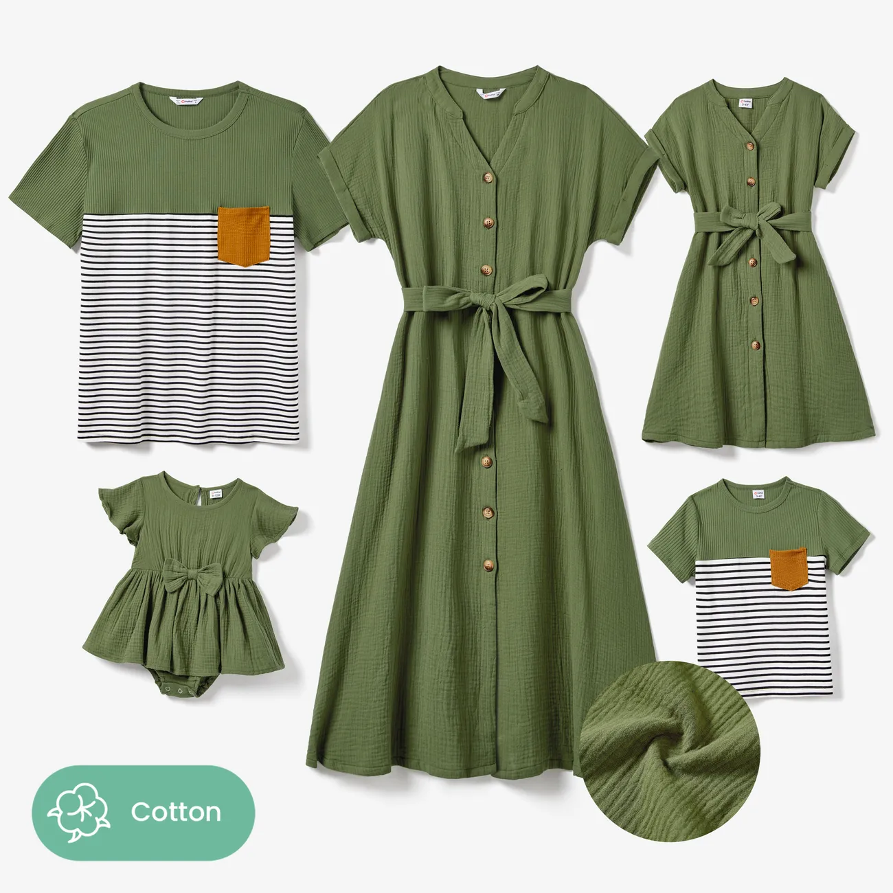 Family Matching Colorblock Stripe Tops and Army Green Cotton Crepe Short Sleeve Dresses Sets Army green big image 1