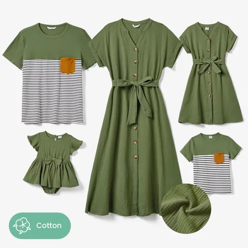Family Matching Colorblock Stripe Tops and Army Green Cotton Crepe Short Sleeve Dresses Sets