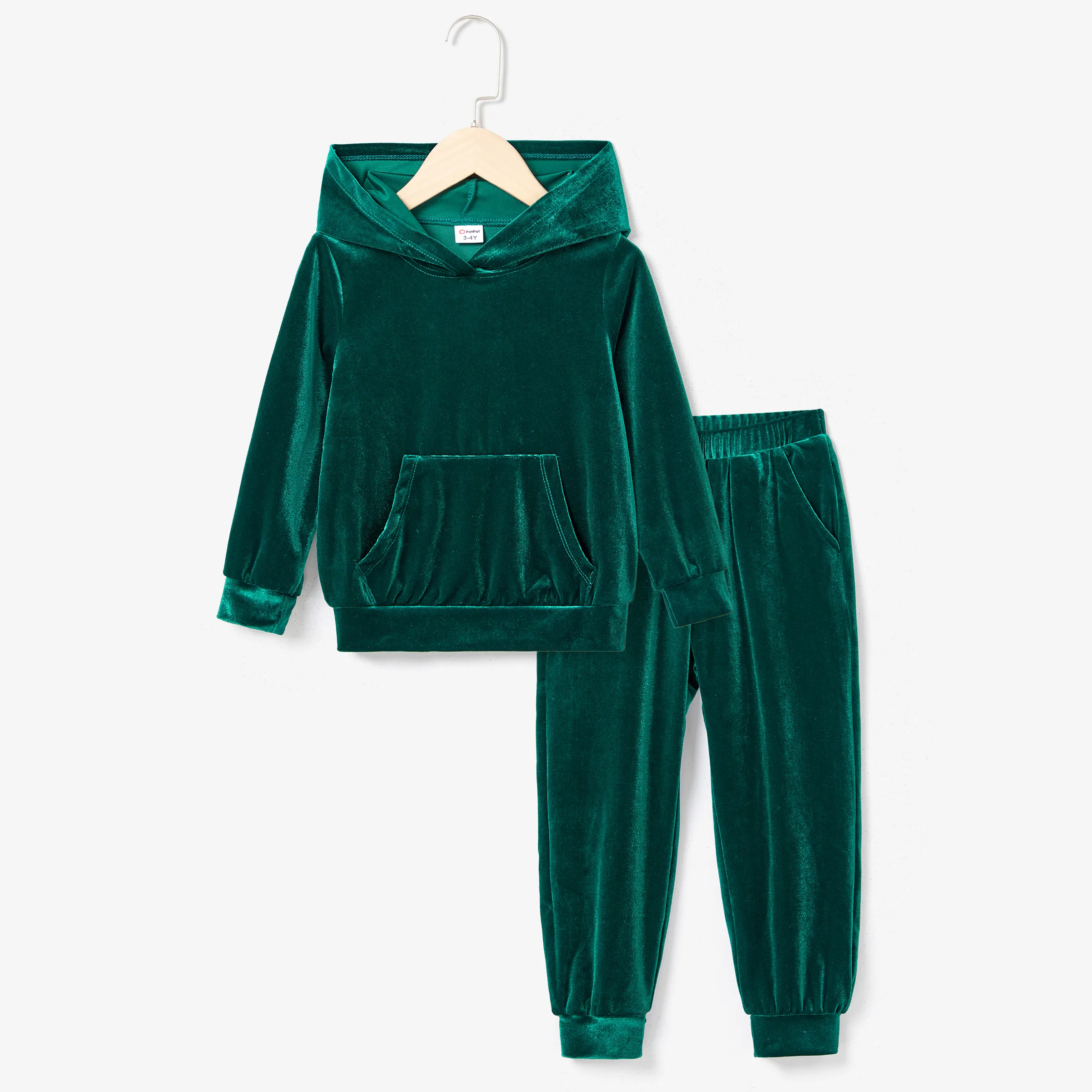 Mommy and Me Casual Solid Color Large Pocket Design Long Sleeve Hooded Velvet Tops and Shorts/Pants Sets Green image 2
