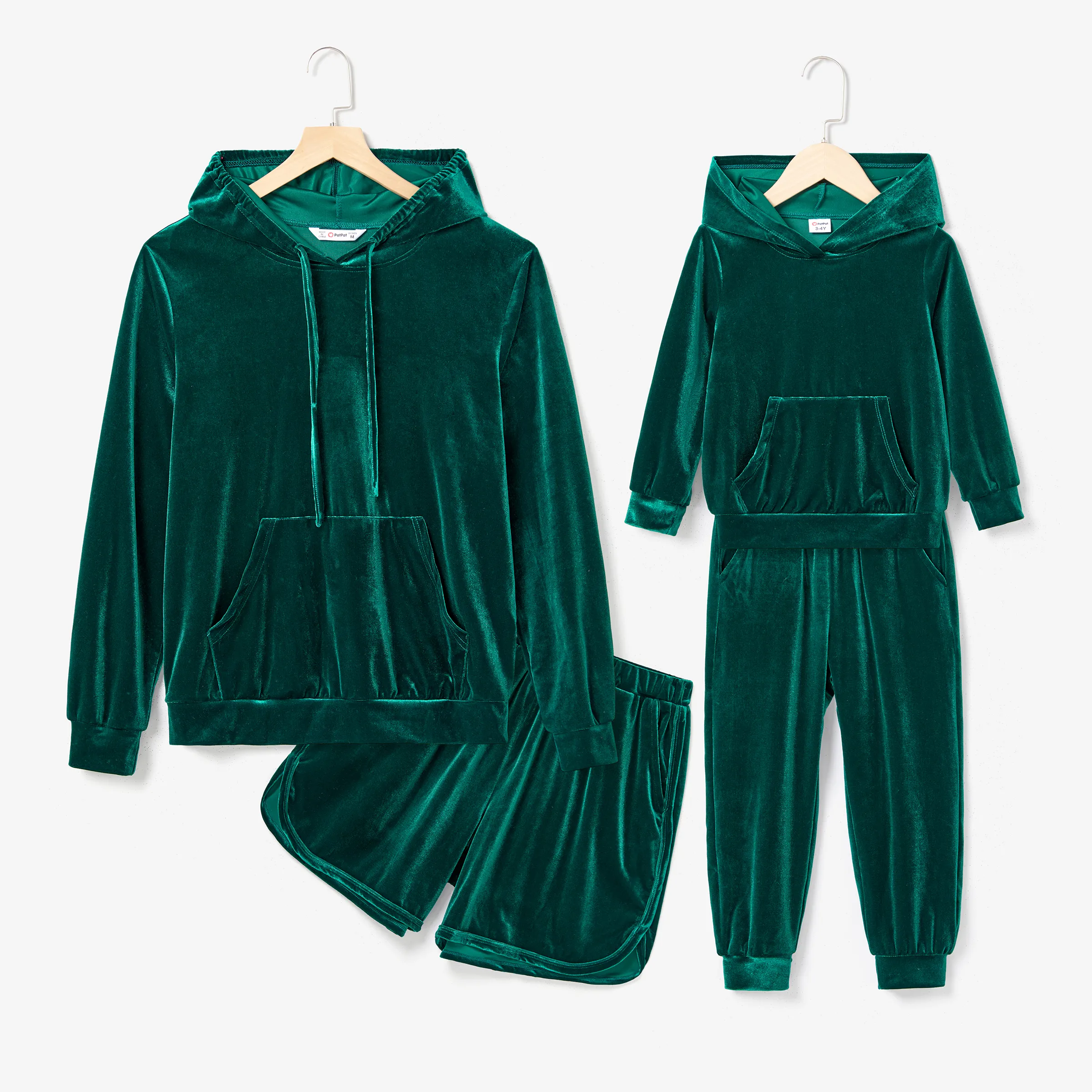 Mommy and Me Casual Solid Color Large Pocket Design Long Sleeve Hooded Velvet Tops and Shorts/Pants Sets Green big image 1