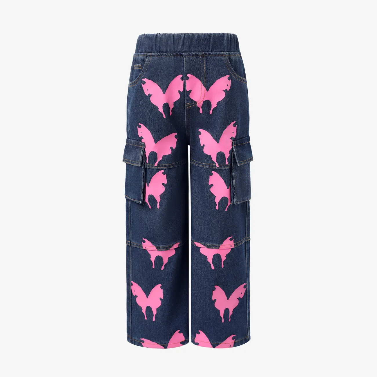 Vaqueros sueltos de mariposa 93% algodón para niños pequeños / niñas con costuras de tela con patrón de animales Azul big image 1