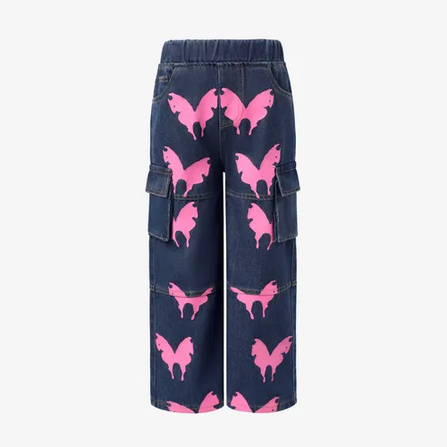 Toddler/Kid Girl 93% Cotton  Loose Butterfly Jeans with Animal Pattern Fabric Stitching