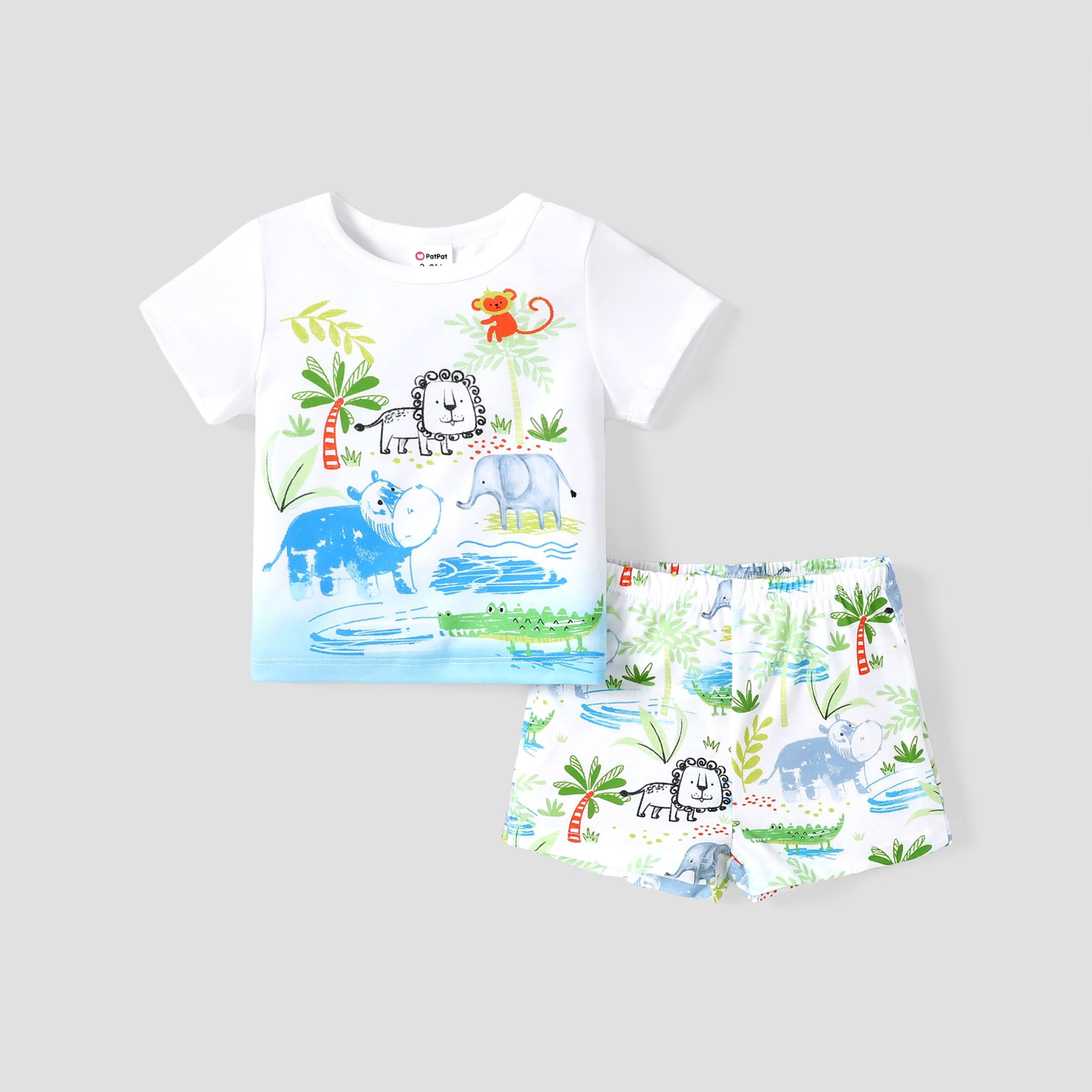 男嬰 2 件童趣動物圖案 T 恤和短褲套裝